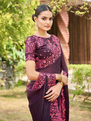 Plum Purple Silk Blend Embroidery Saree