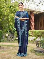 Peacock Blue Silk Blend Embroidery Saree