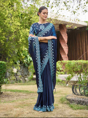 Peacock Blue Silk Blend Embroidery Saree