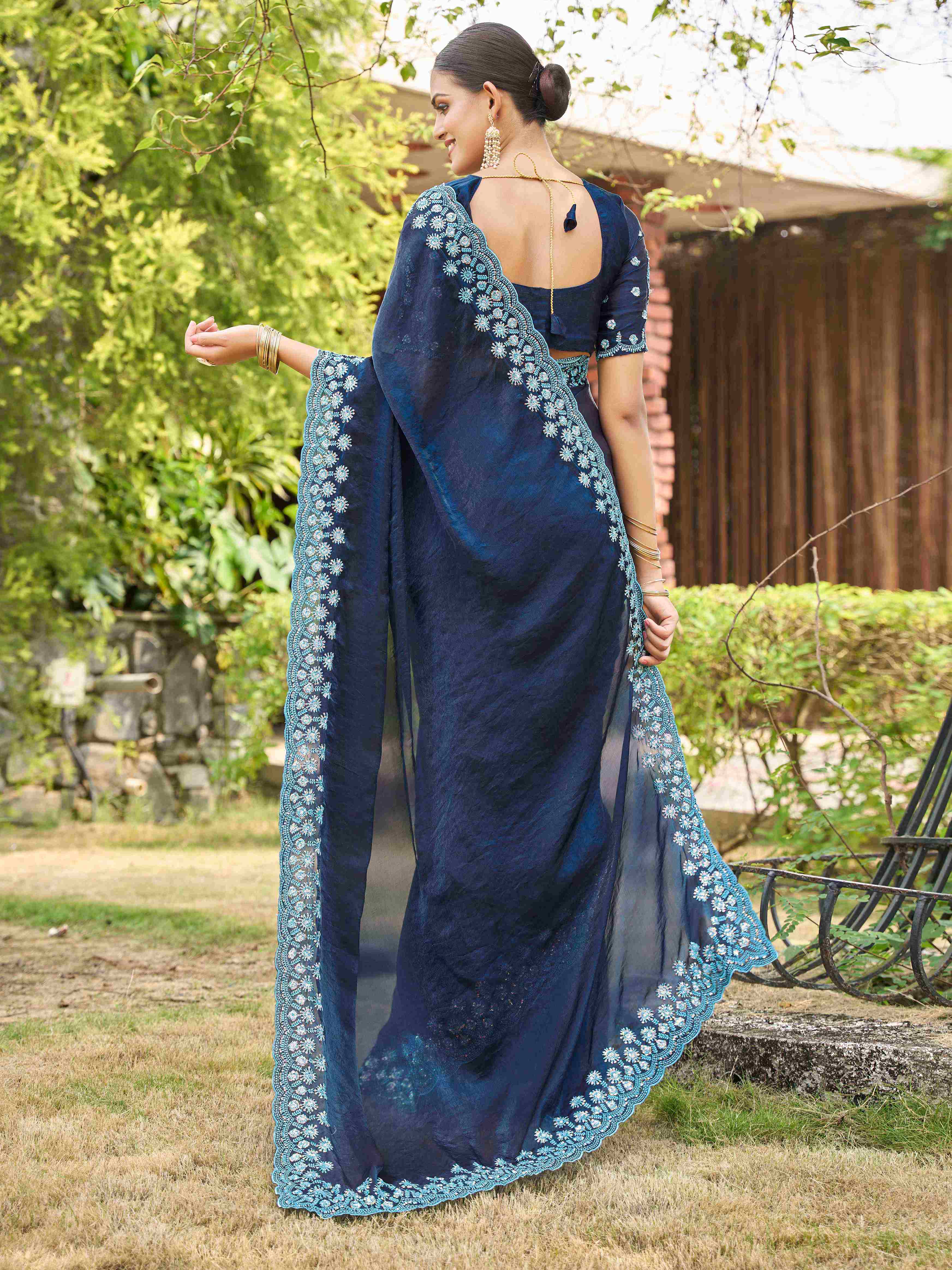 Peacock Blue Silk Blend Embroidery Saree