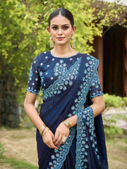 Peacock Blue Silk Blend Embroidery Saree