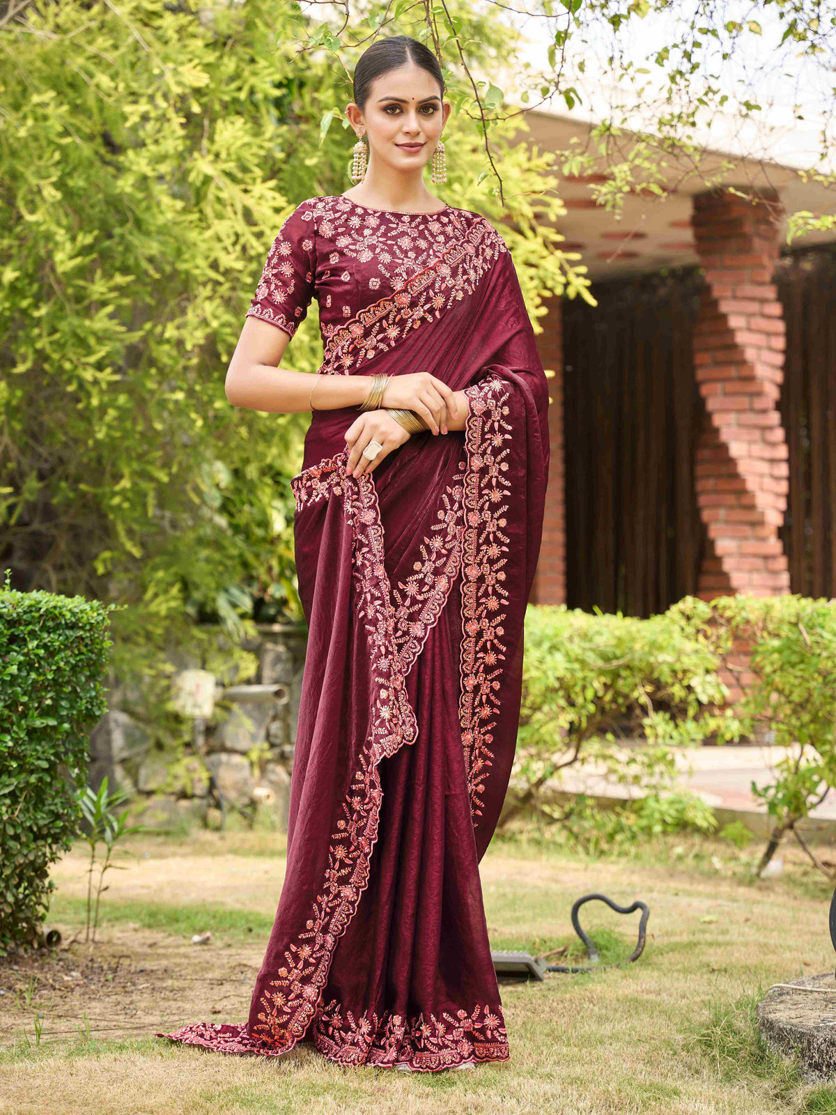 Wine Silk Blend Embroidery Saree