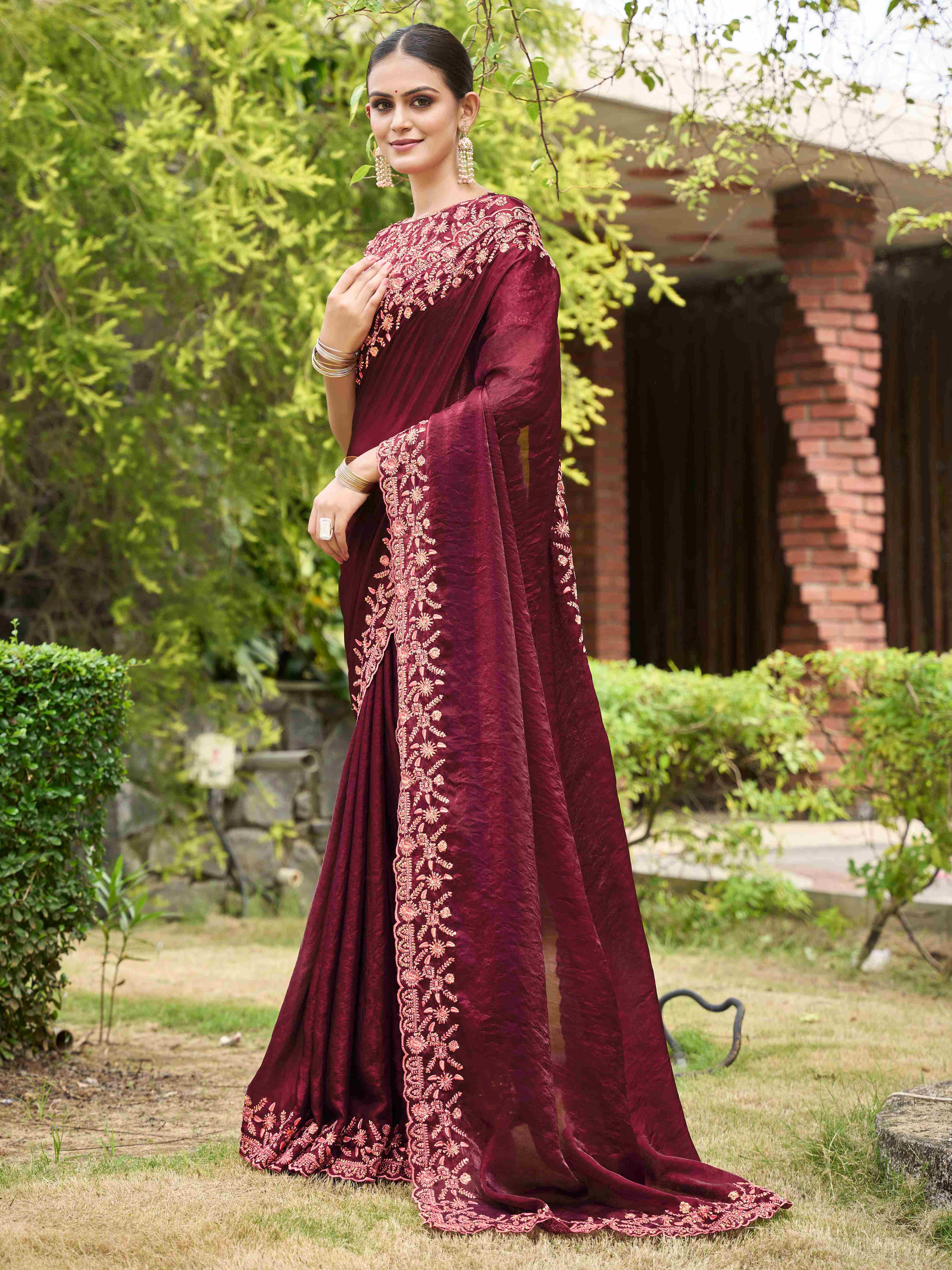 Wine Silk Blend Embroidery Saree