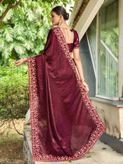 Wine Silk Blend Embroidery Saree