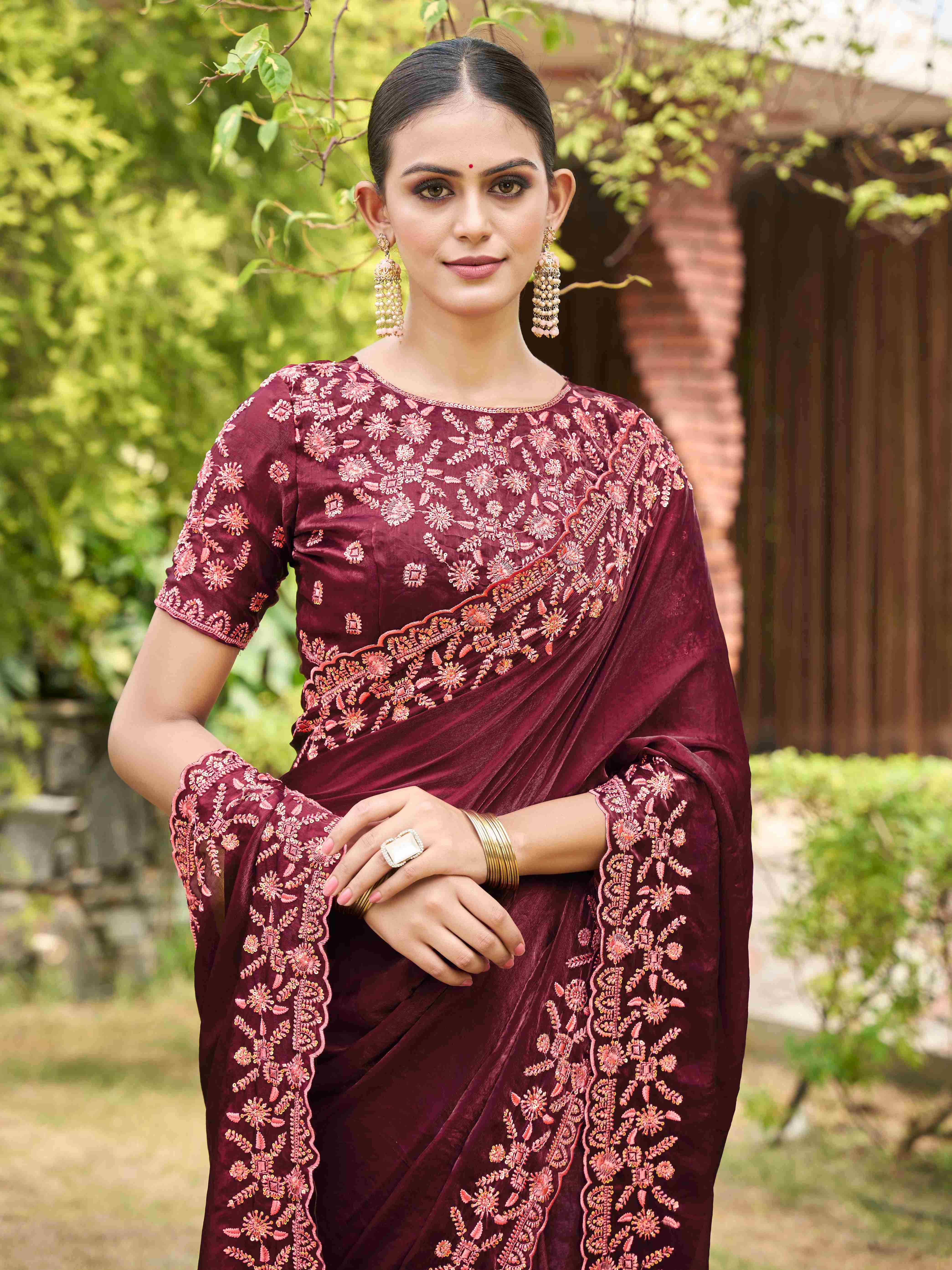 Wine Silk Blend Embroidery Saree