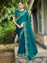 Sea Green Silk Blend Embroidery Saree