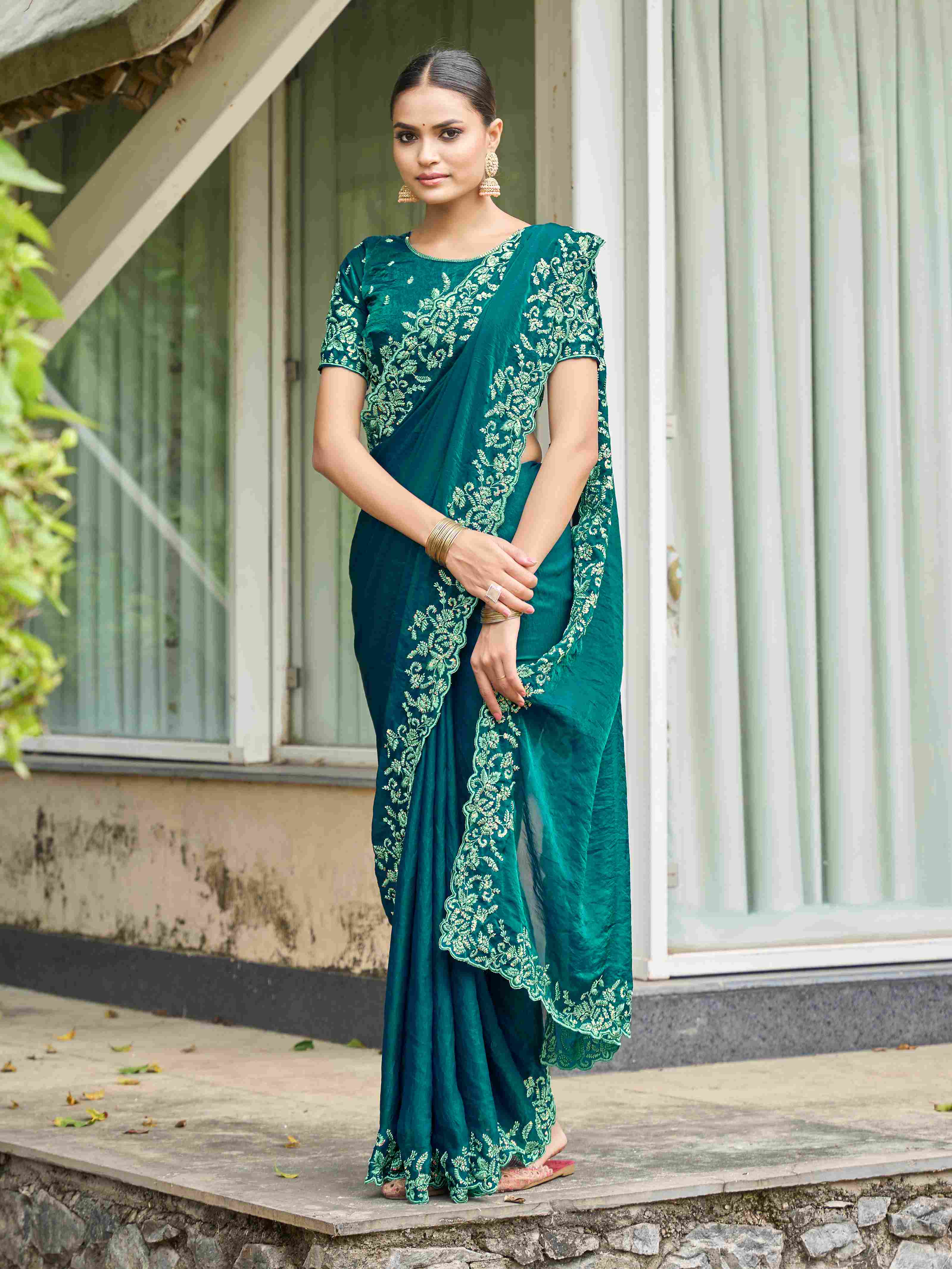 Sea Green Silk Blend Embroidery Saree