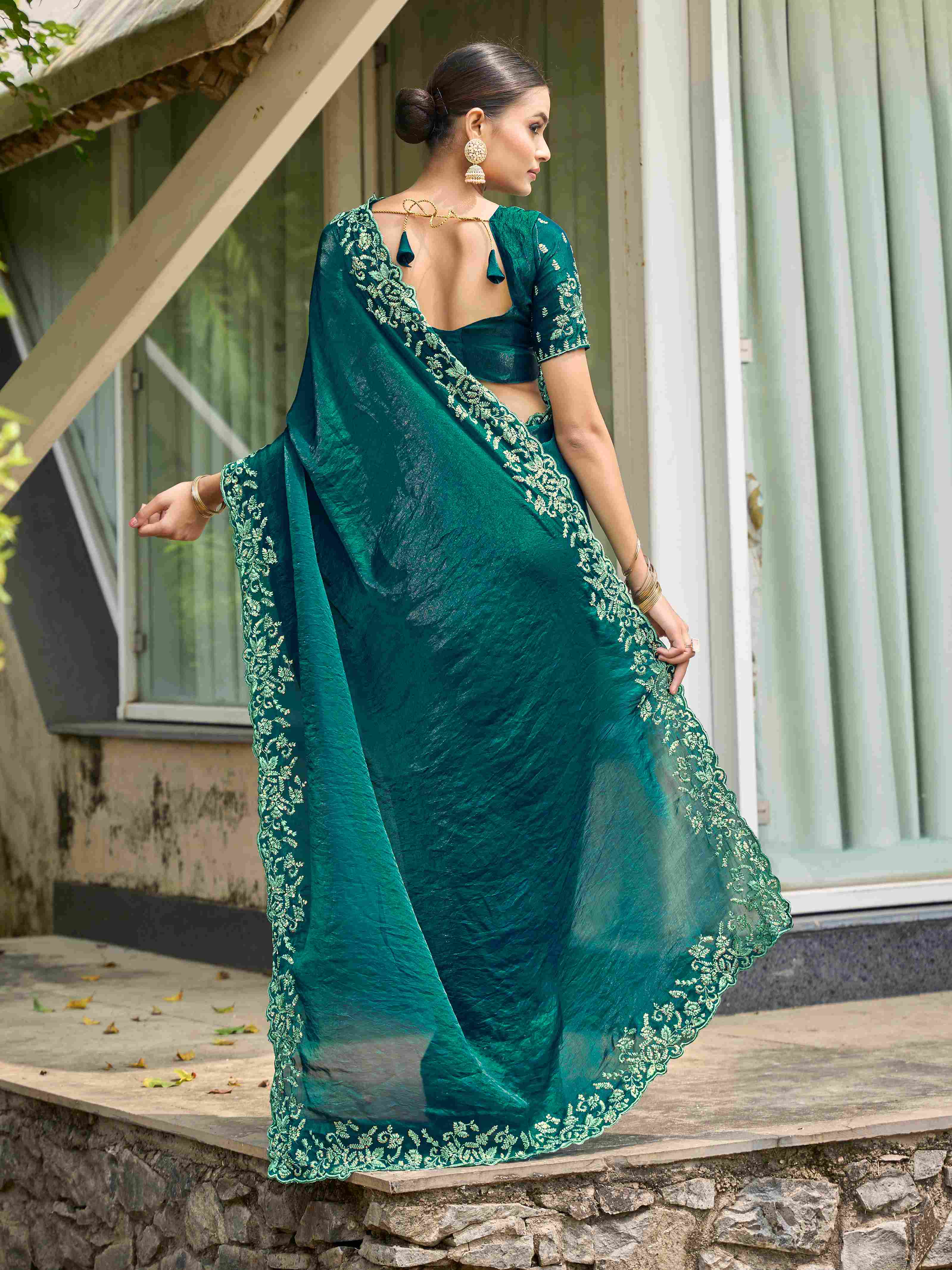 Sea Green Silk Blend Embroidery Saree