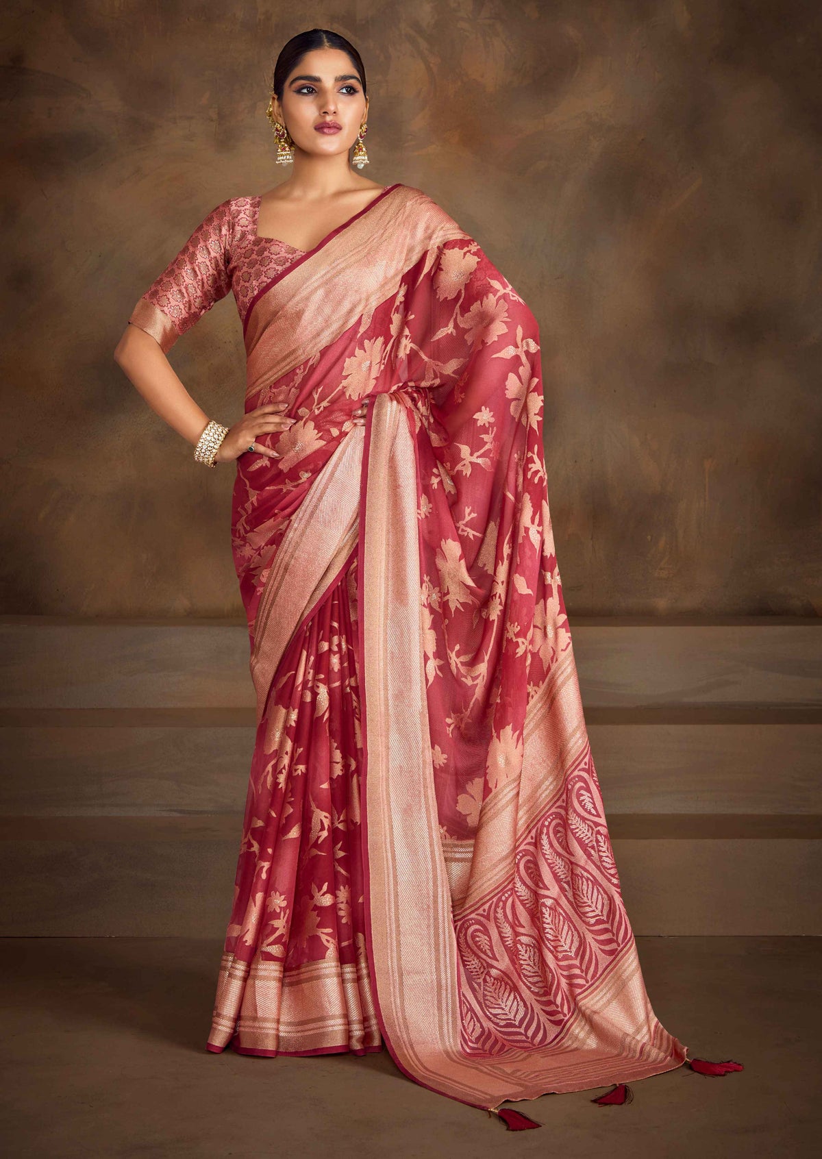 Dull Red Moss Brasso Saree