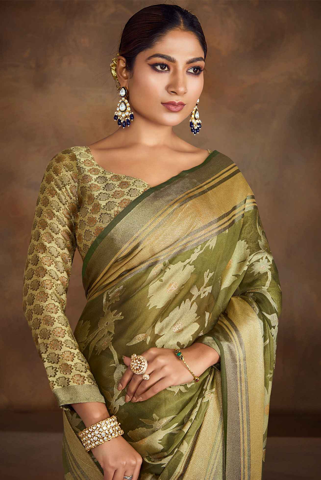 Army Green Moss Brasso Saree