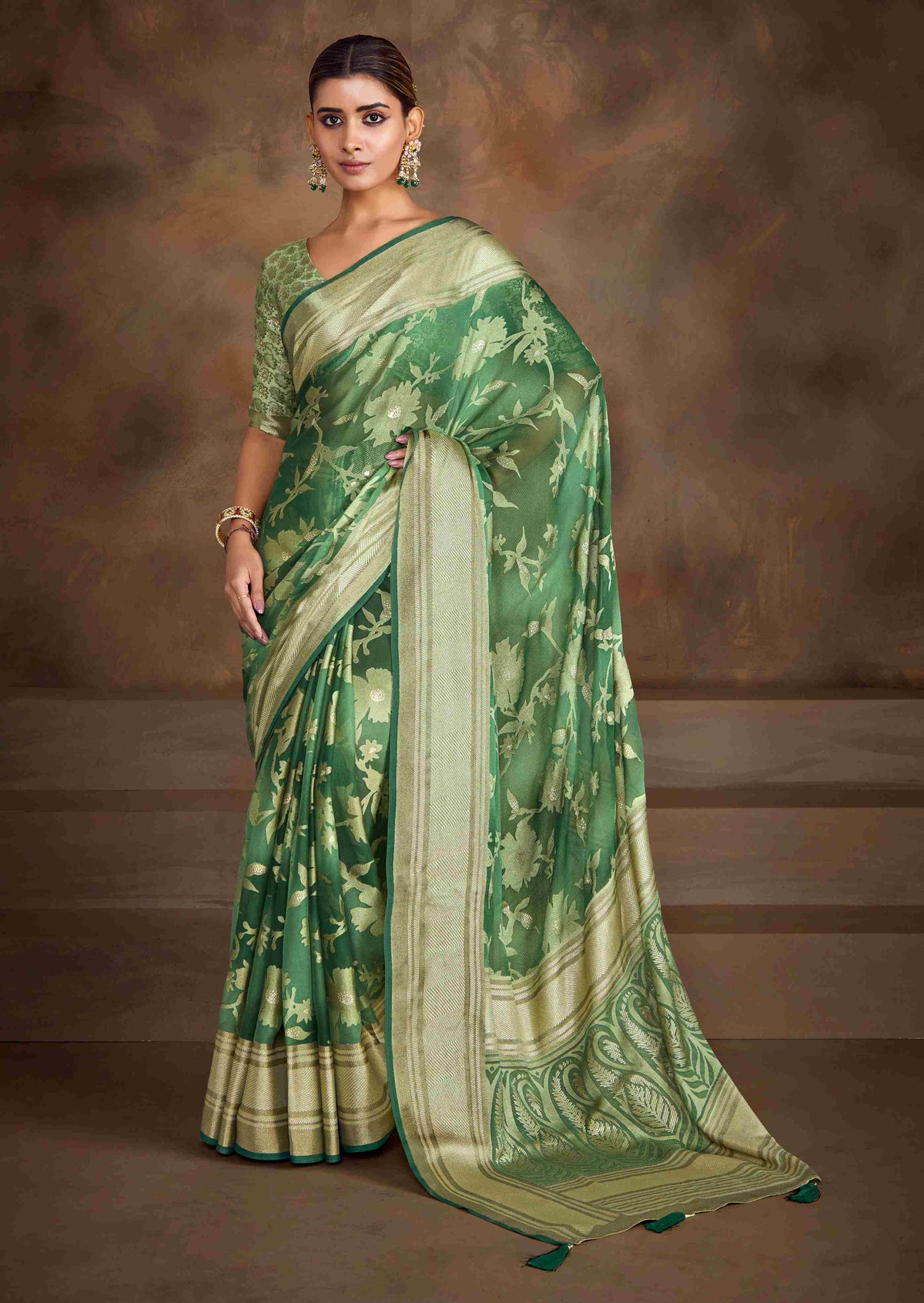 Teal Green Moss Brasso Saree