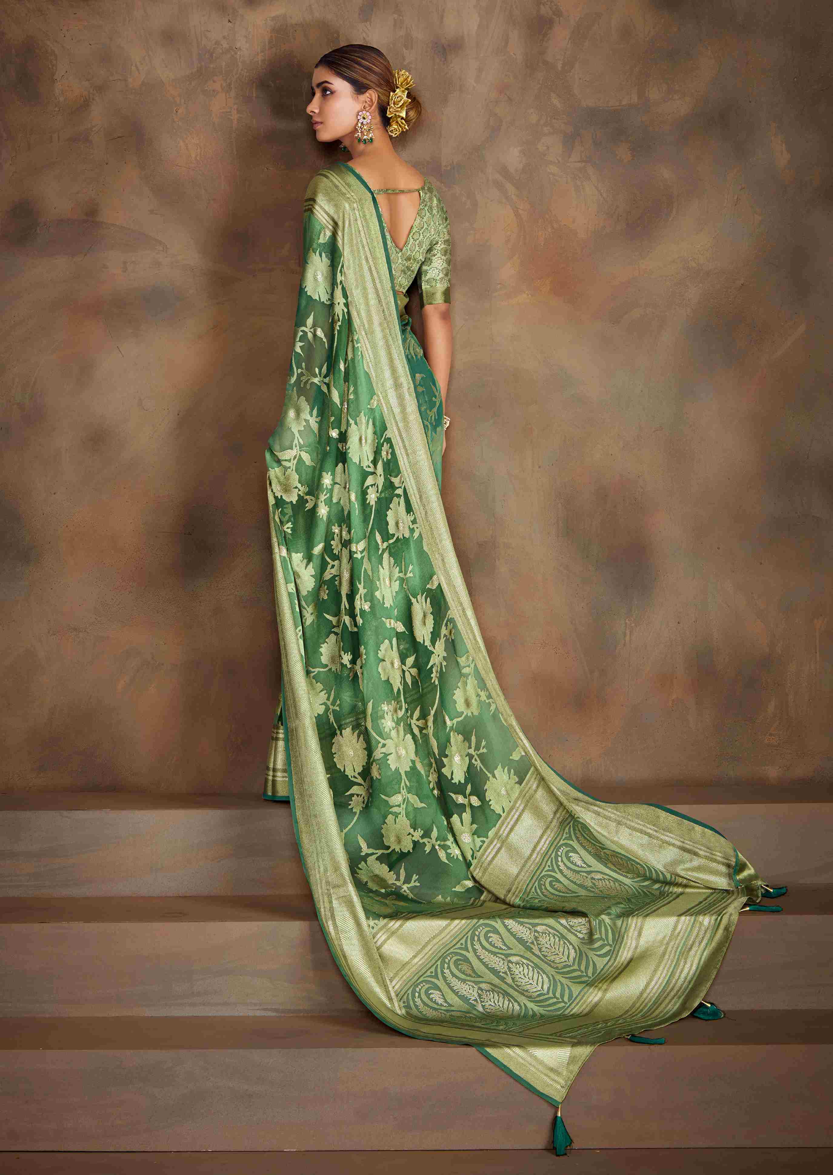 Teal Green Moss Brasso Saree