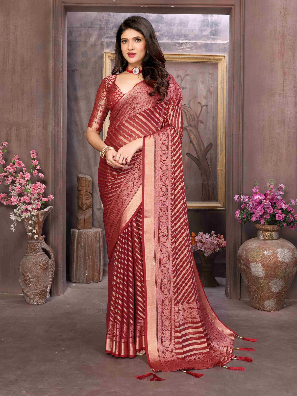 Burgundy Moss Brasso Saree