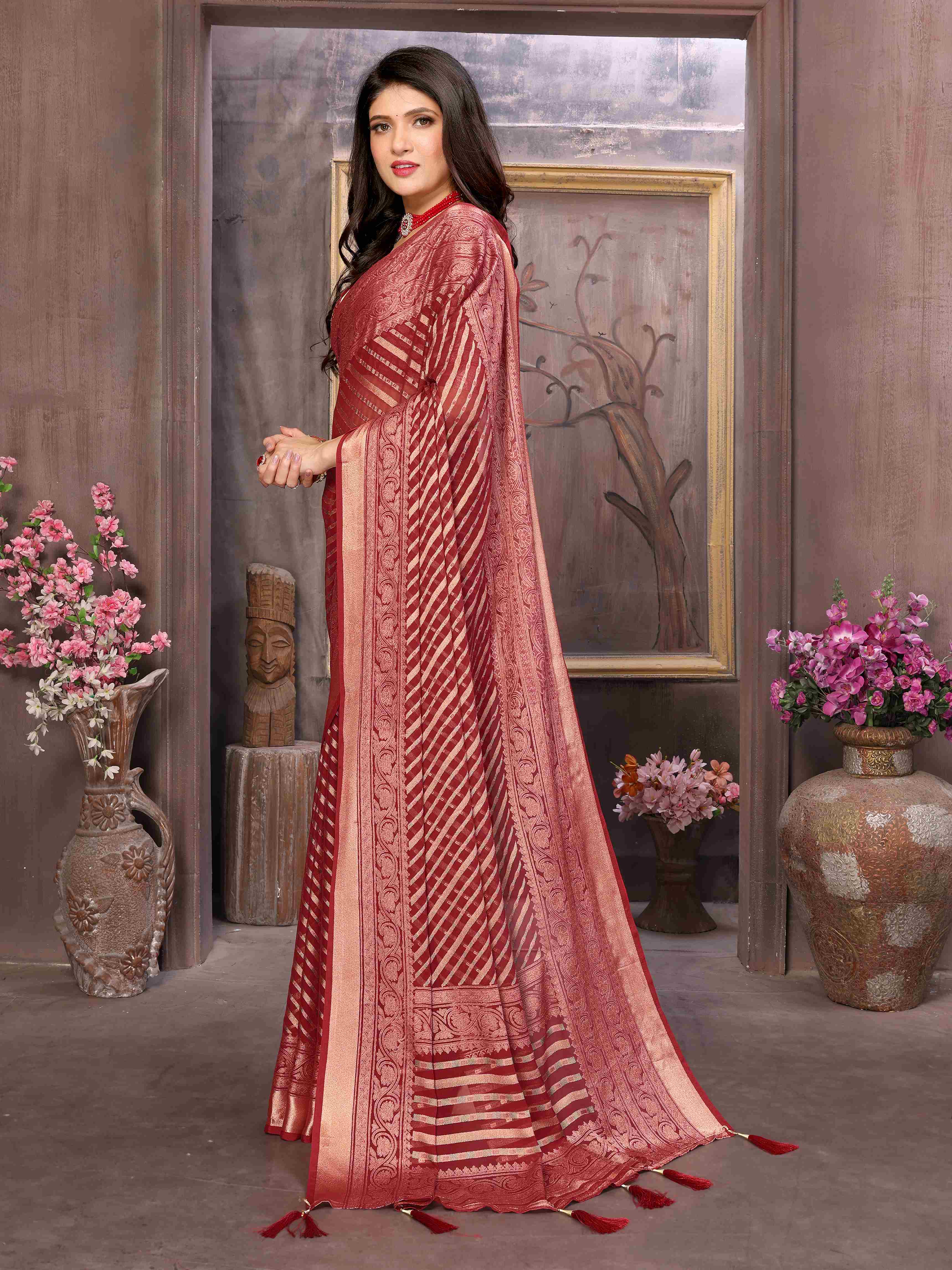 Burgundy Moss Brasso Saree