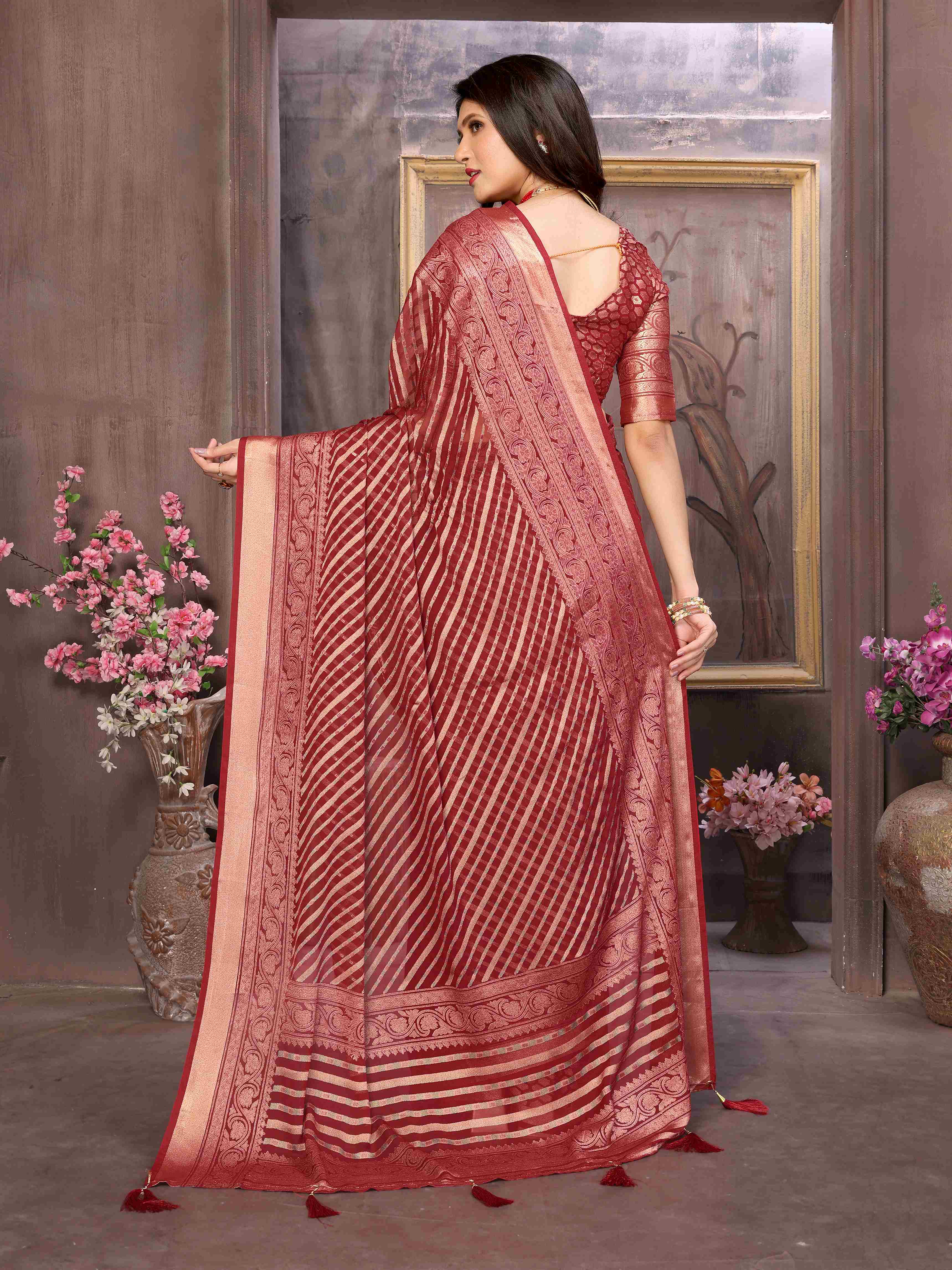 Burgundy Moss Brasso Saree