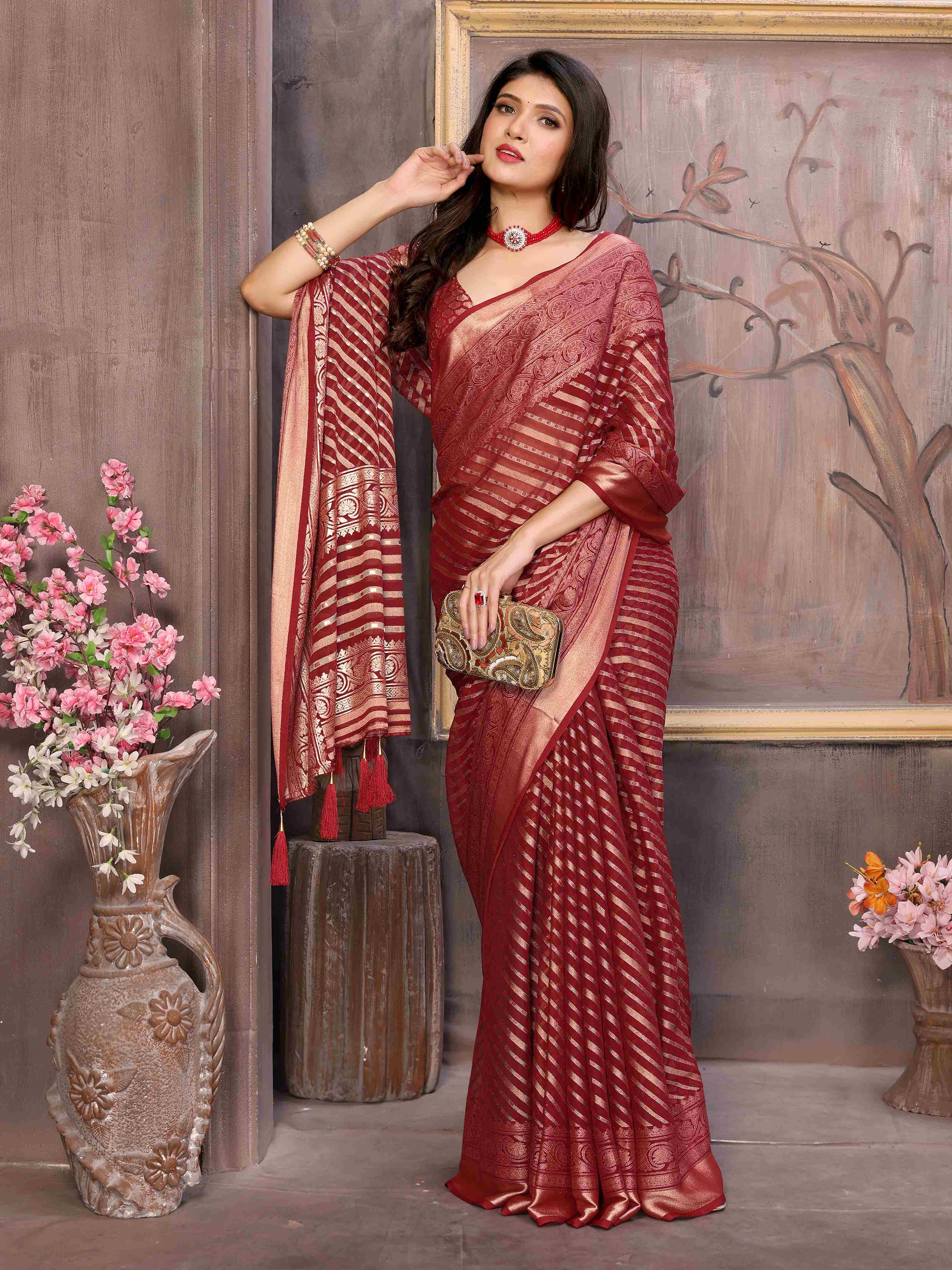 Burgundy Moss Brasso Saree