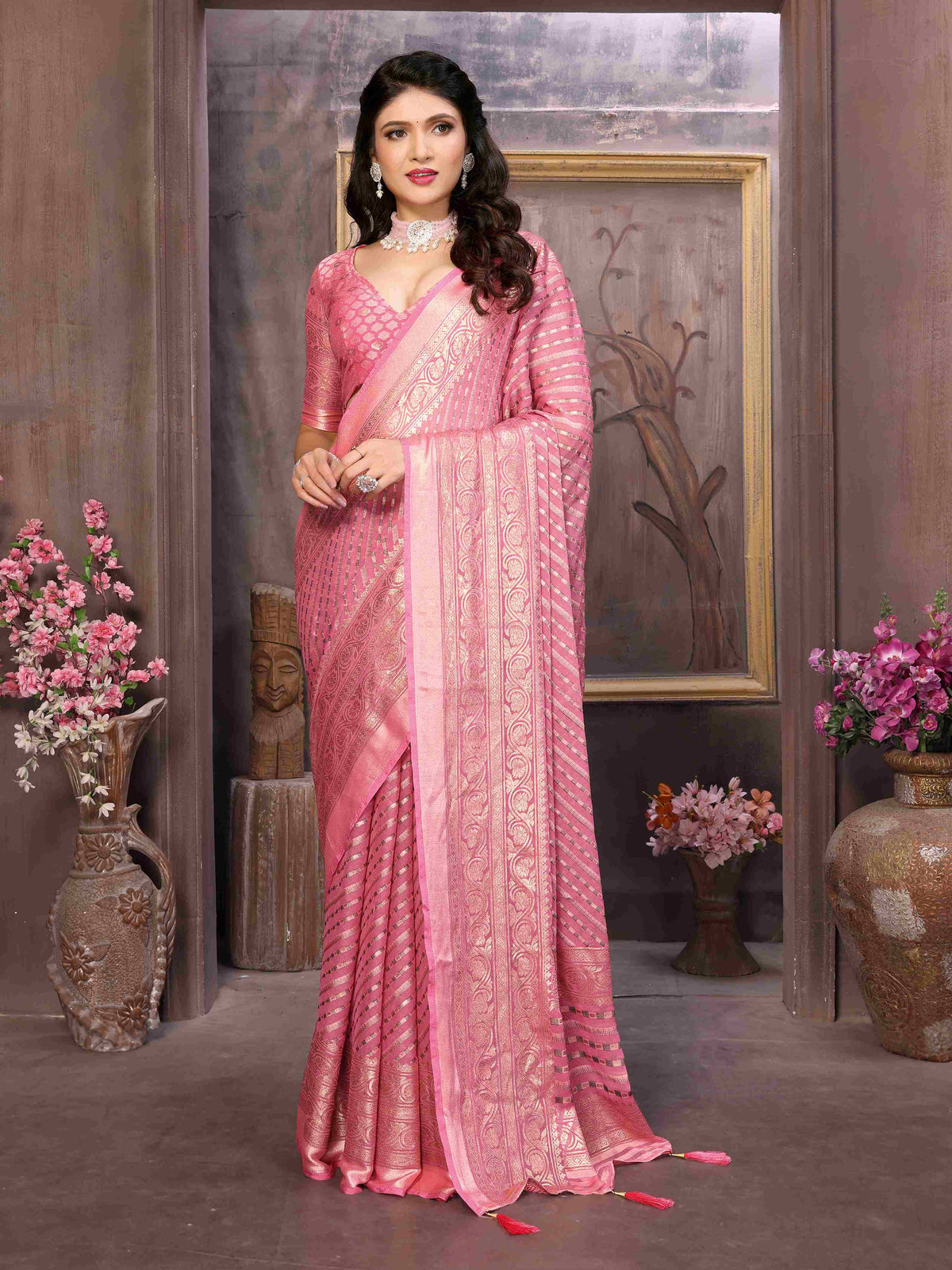 Light Pink Moss Brasso Saree