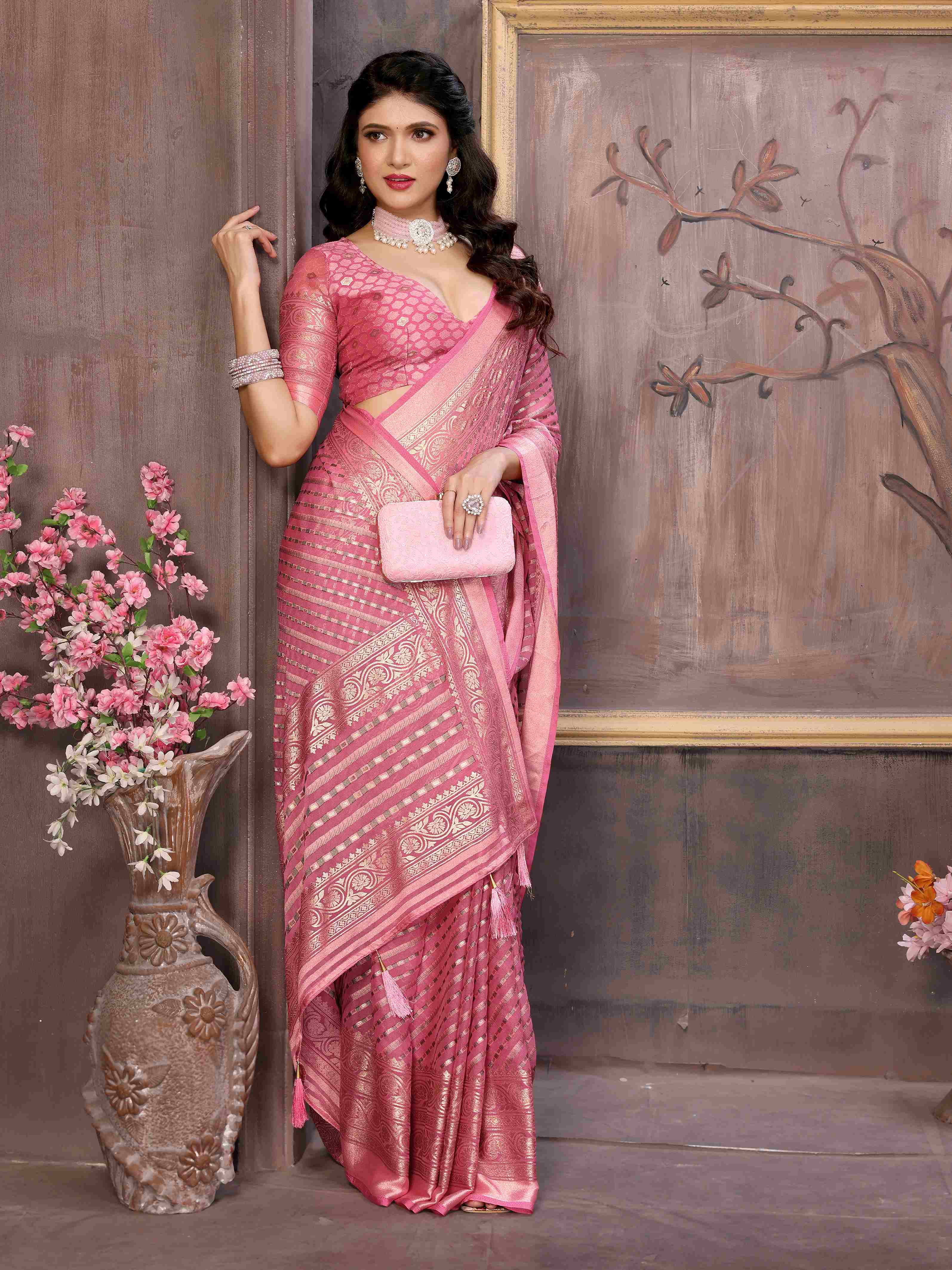 Light Pink Moss Brasso Saree