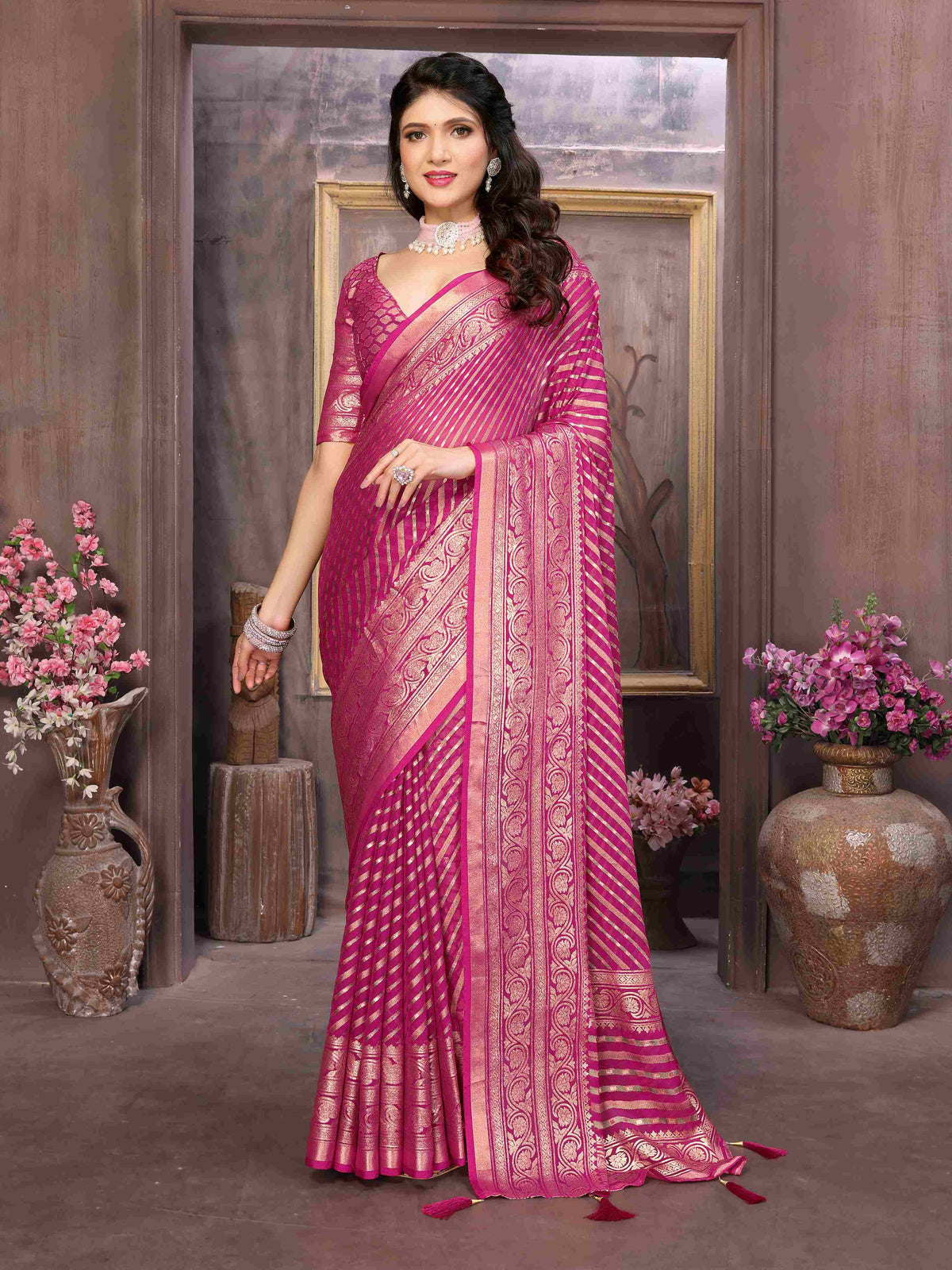 Bright Pink Moss Brasso Saree