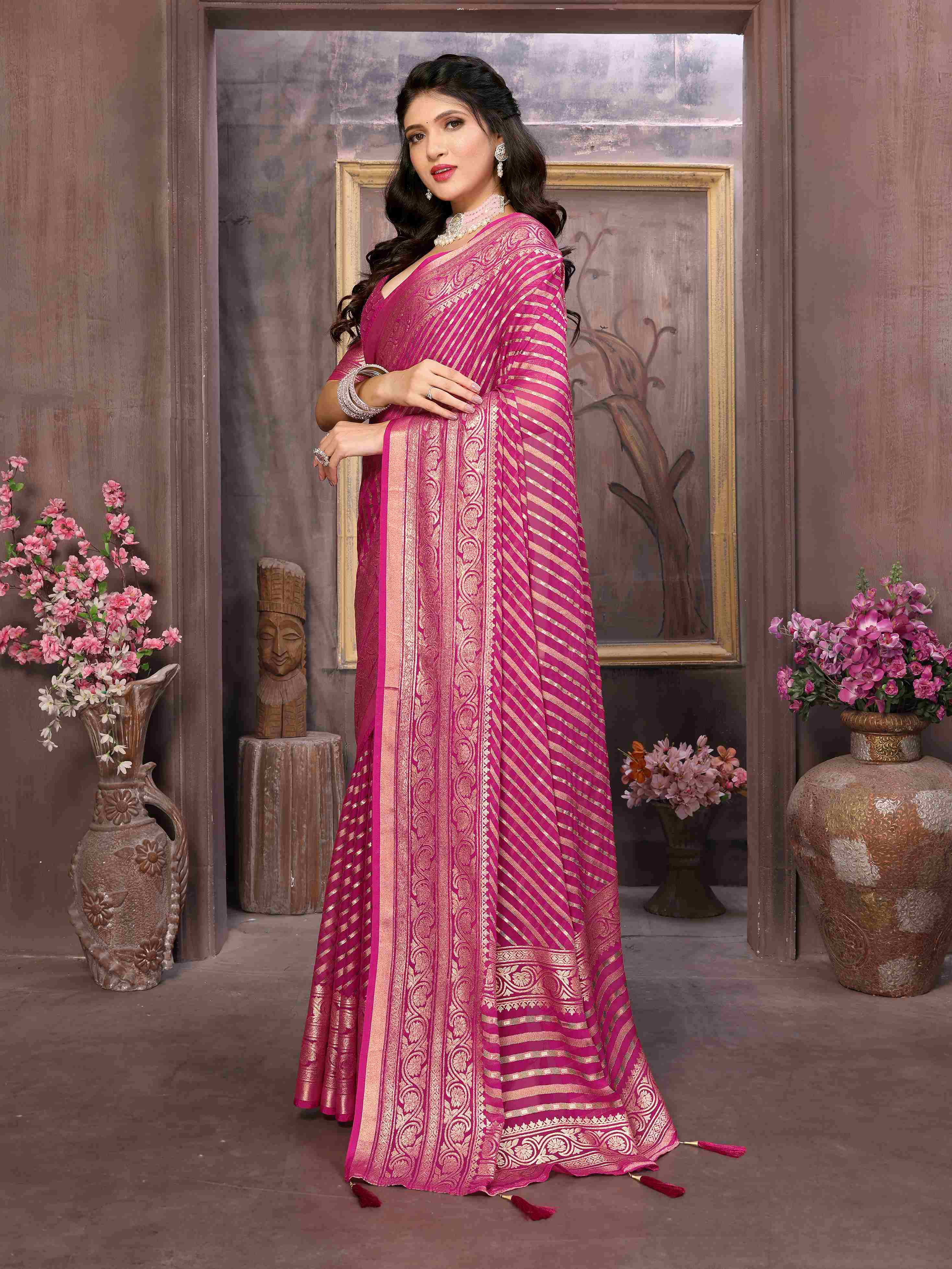 Bright Pink Moss Brasso Saree