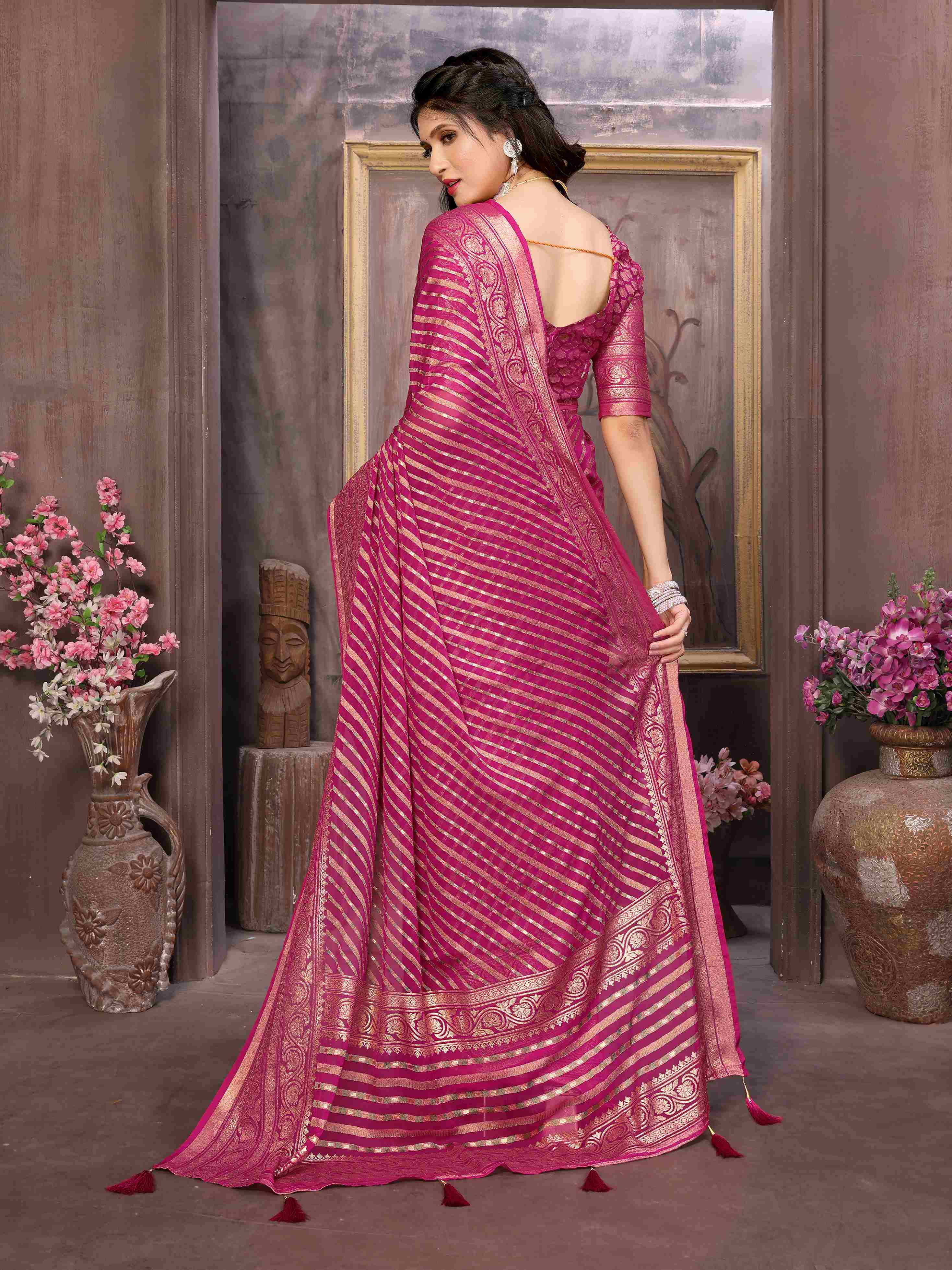 Bright Pink Moss Brasso Saree