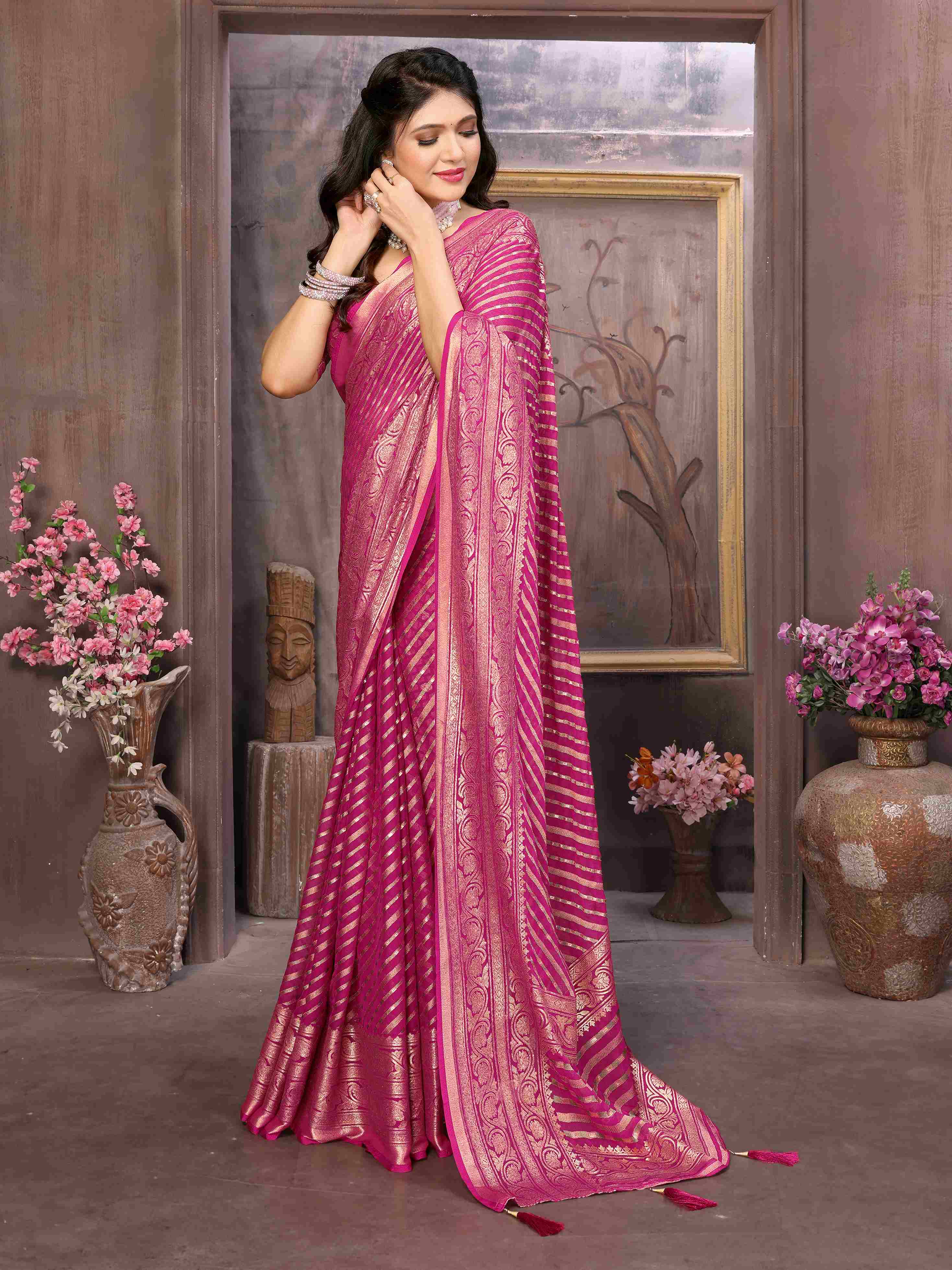 Bright Pink Moss Brasso Saree