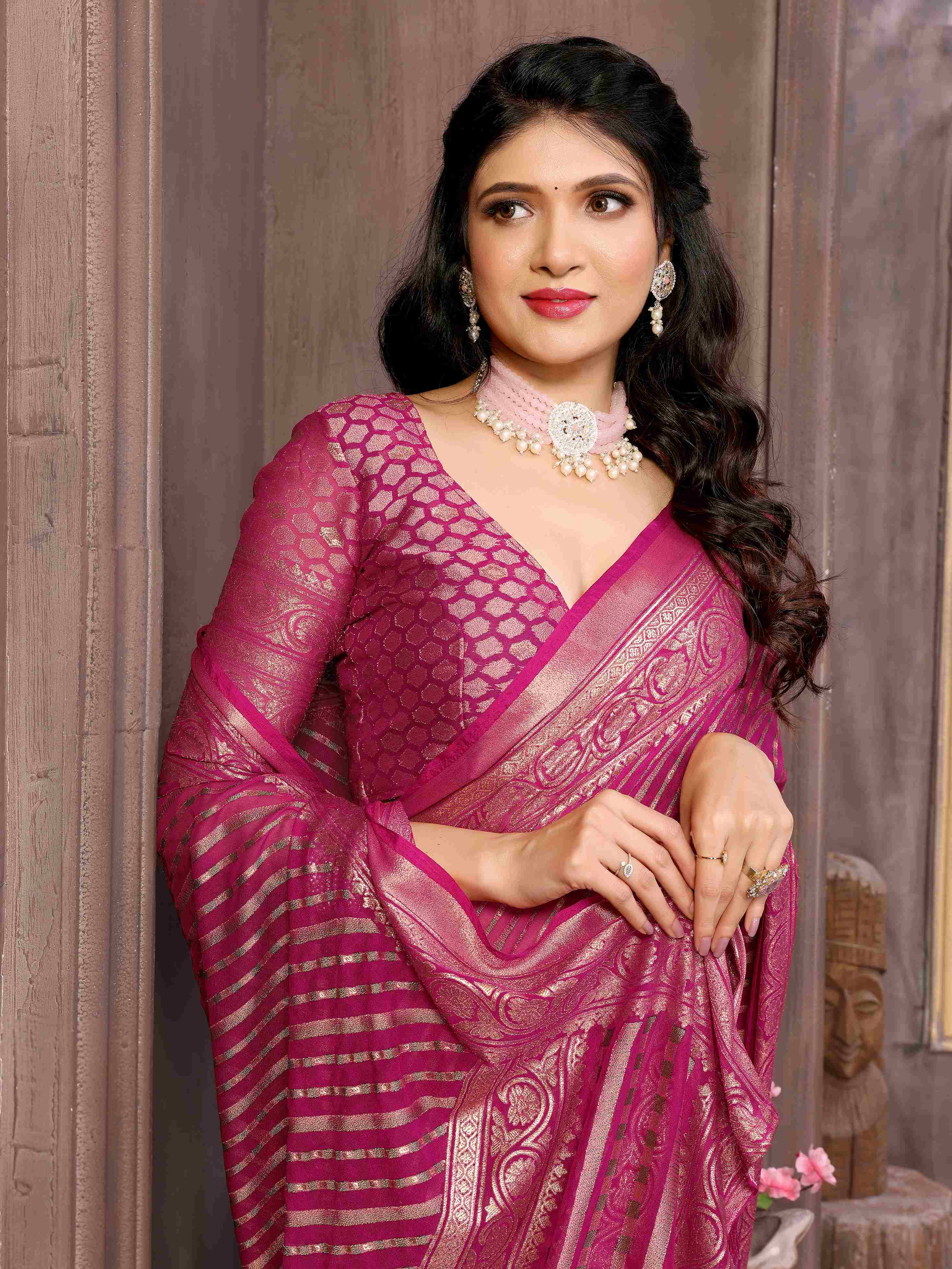 Bright Pink Moss Brasso Saree