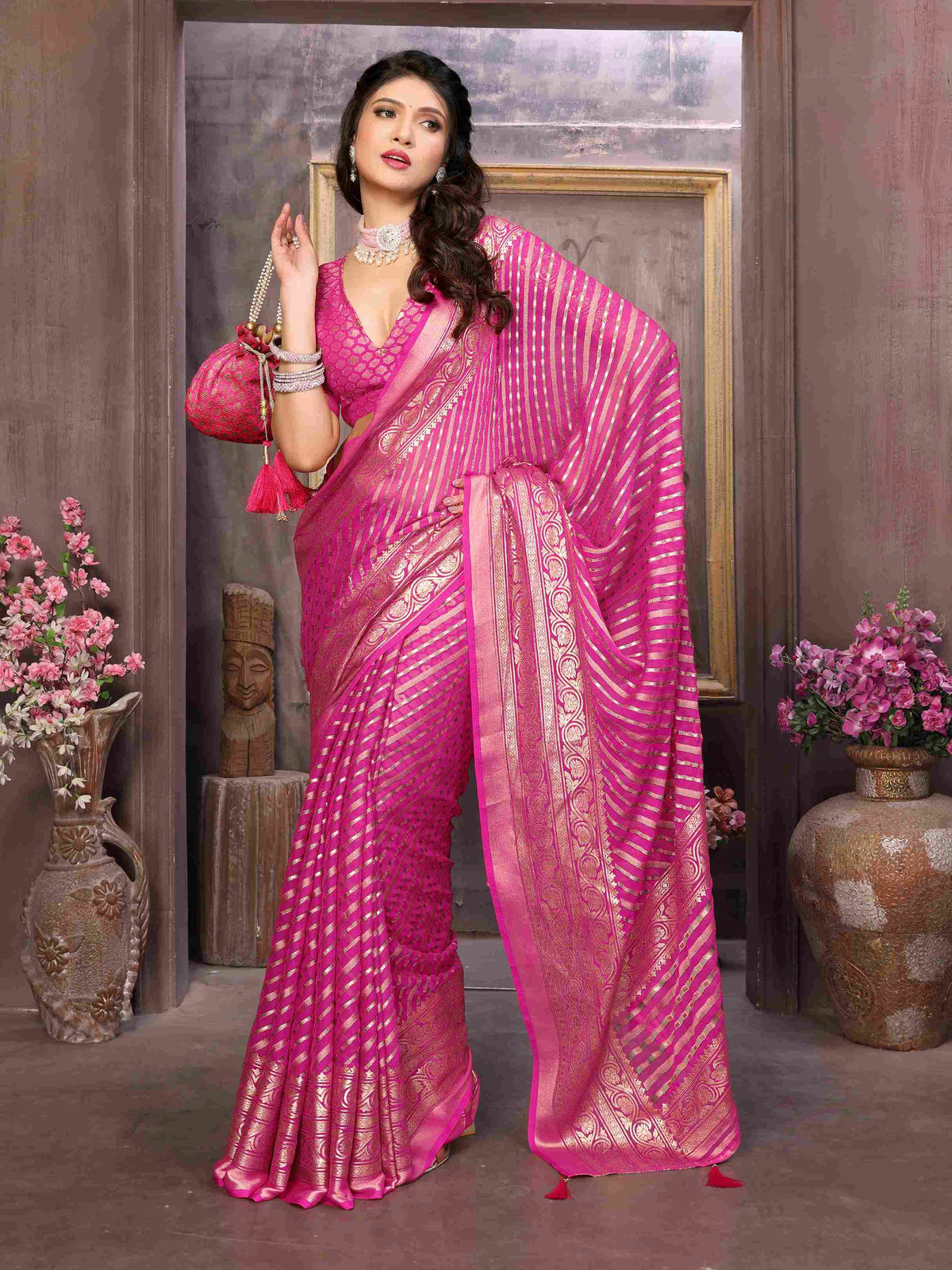 Neon Pink Moss Brasso Saree