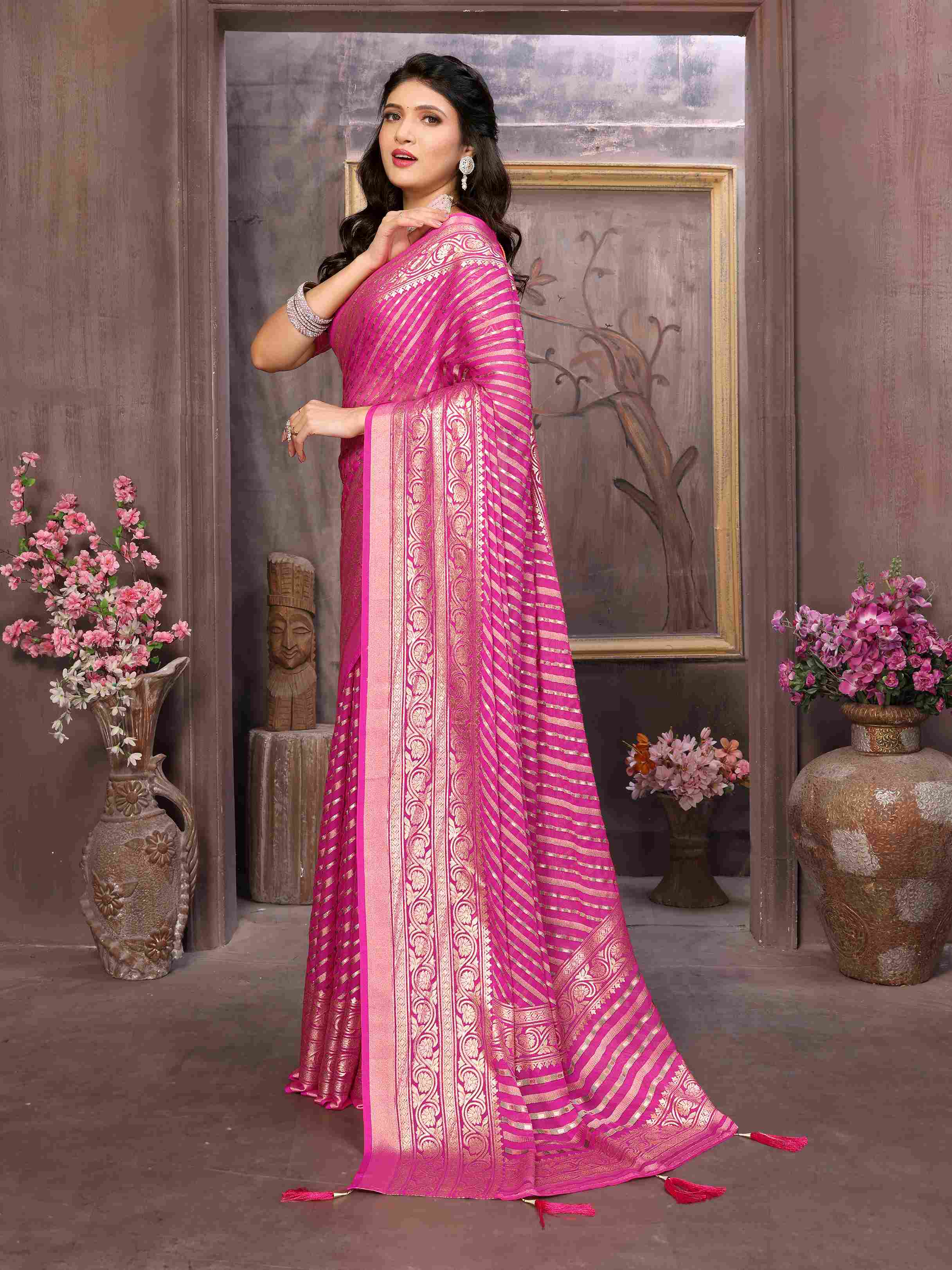 Neon Pink Moss Brasso Saree