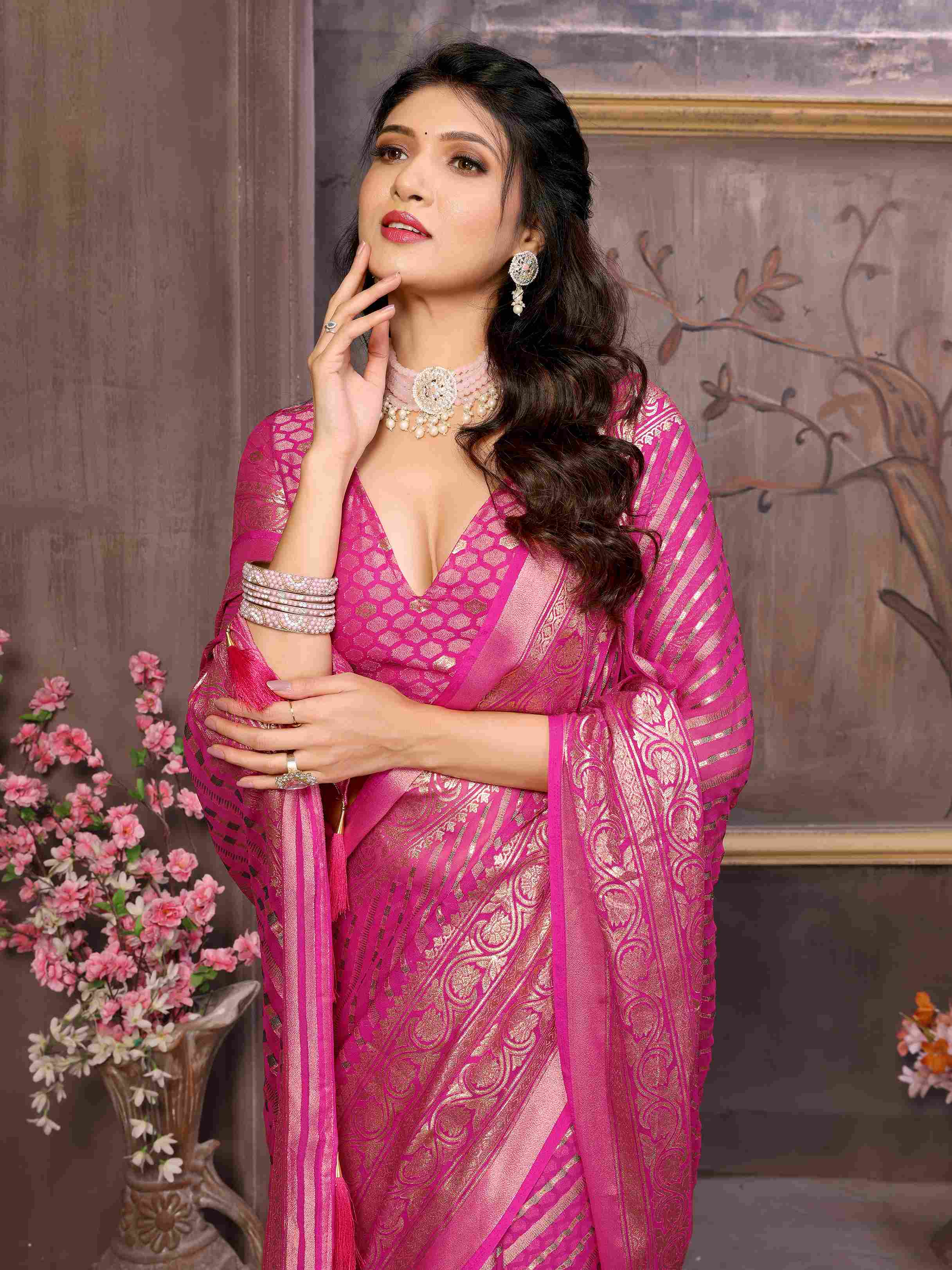 Neon Pink Moss Brasso Saree