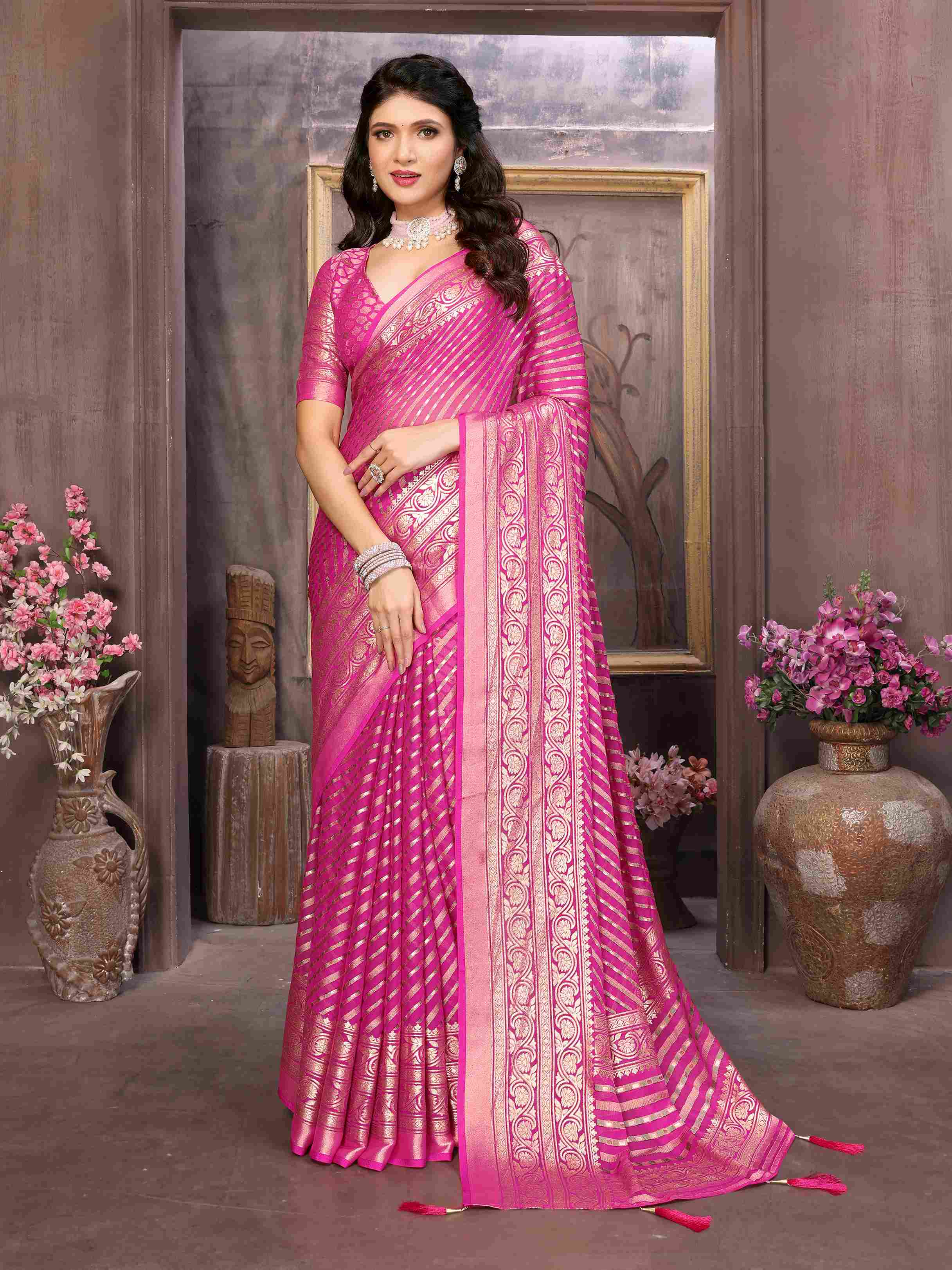 Neon Pink Moss Brasso Saree