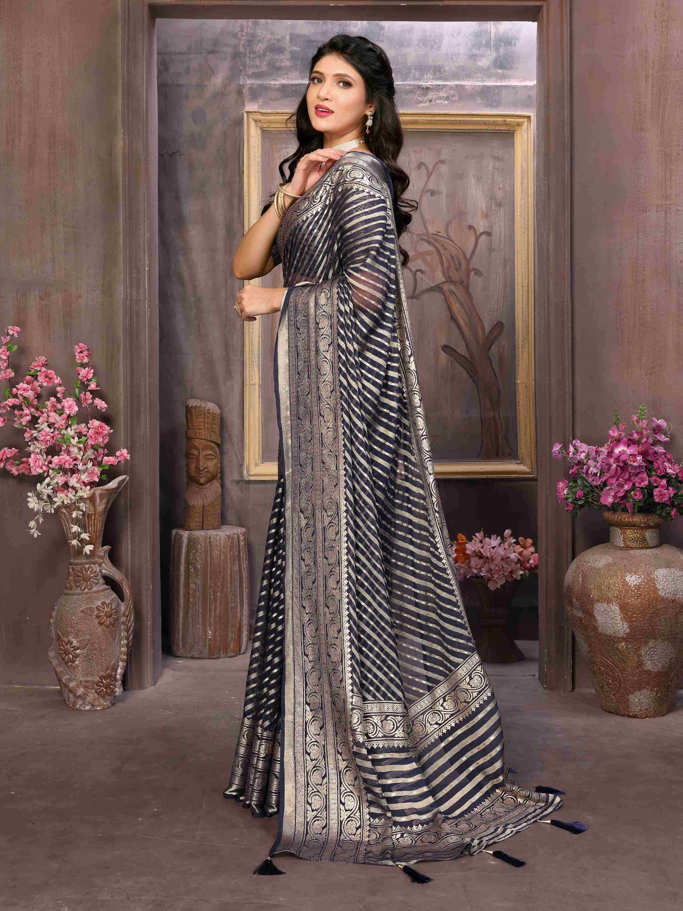 Dark Blue Moss Brasso Saree