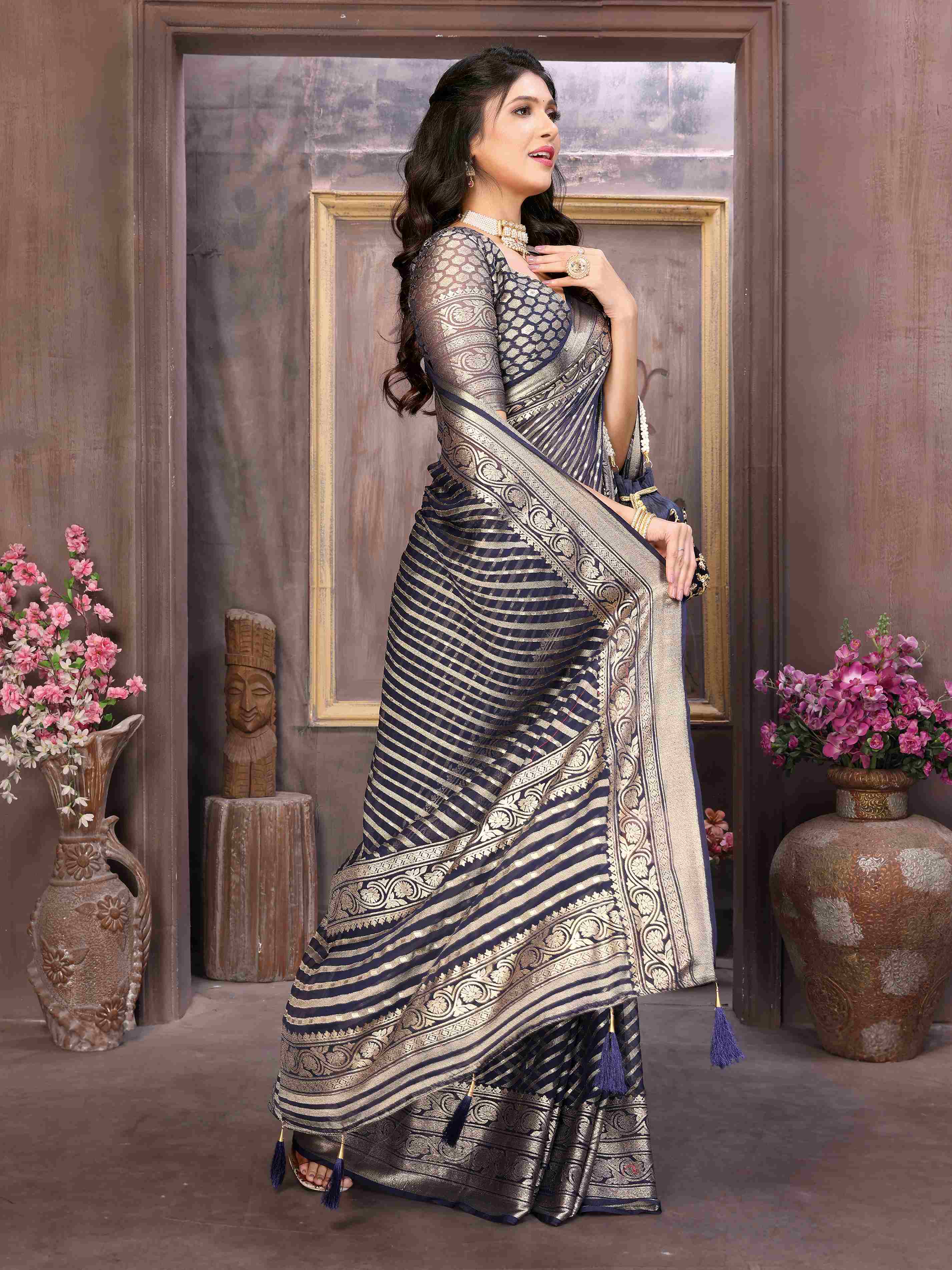 Dark Blue Moss Brasso Saree