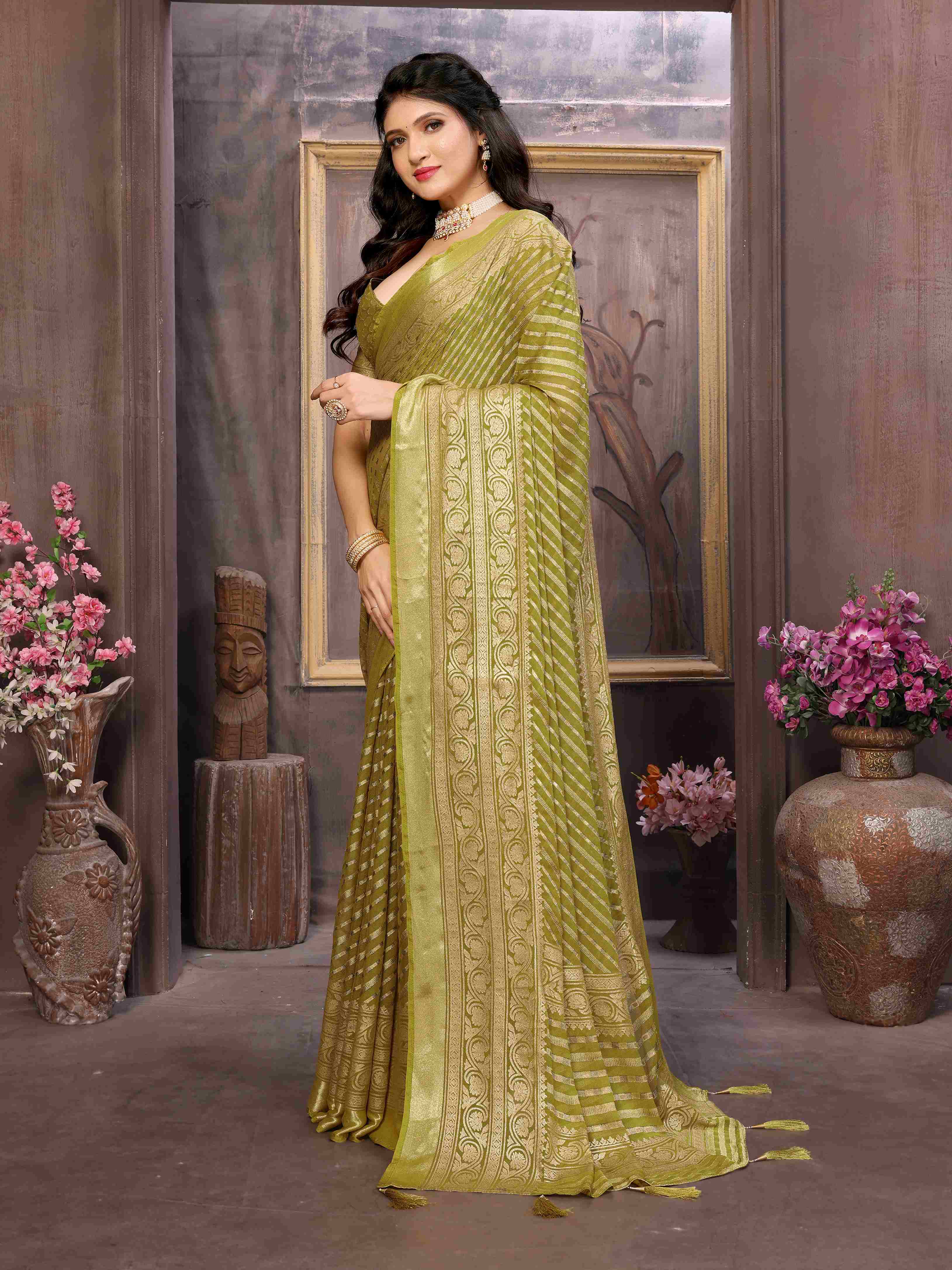 Olive Green Moss Brasso Saree