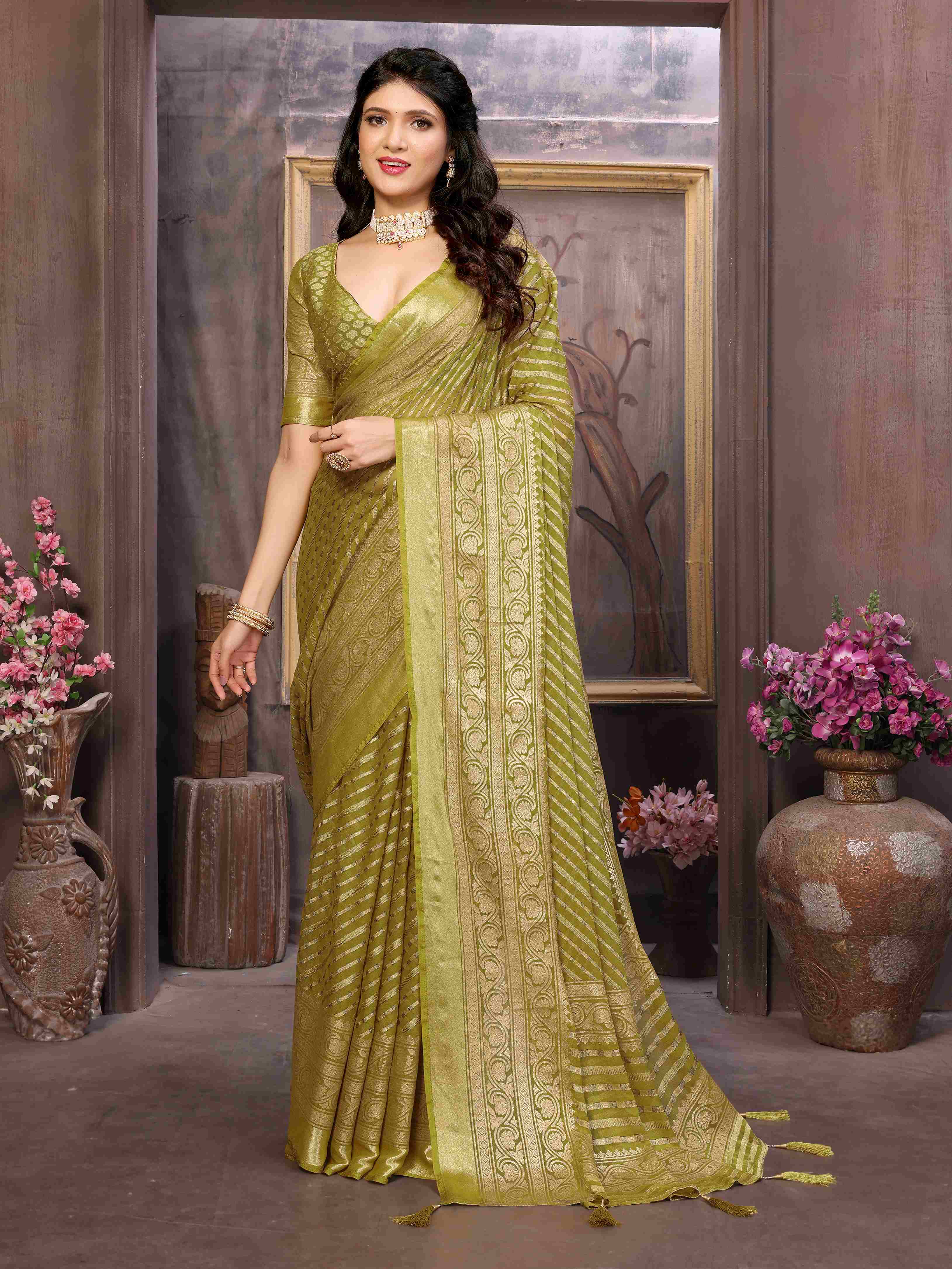 Olive Green Moss Brasso Saree