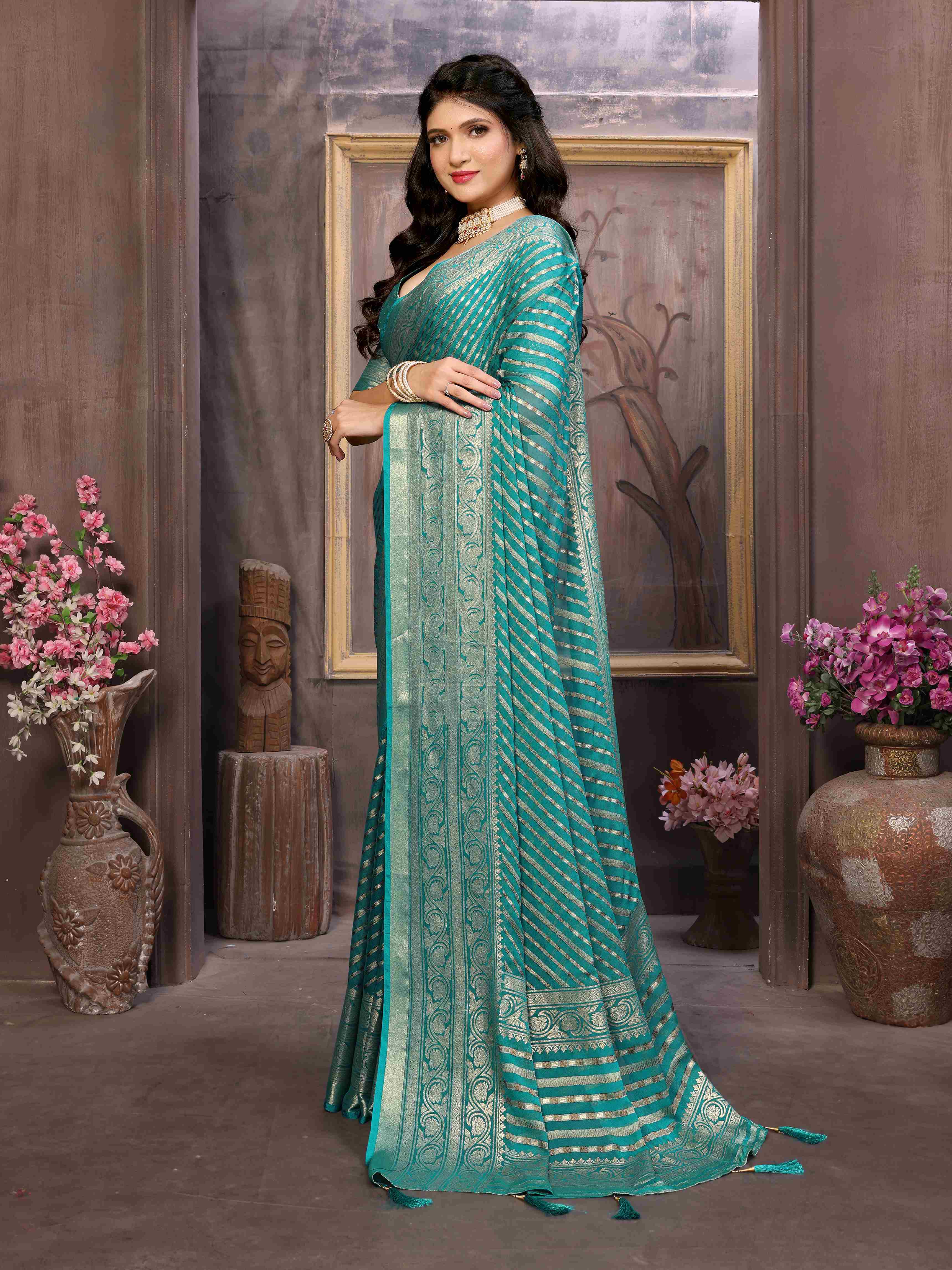 Sea Green Moss Brasso Casual Saree