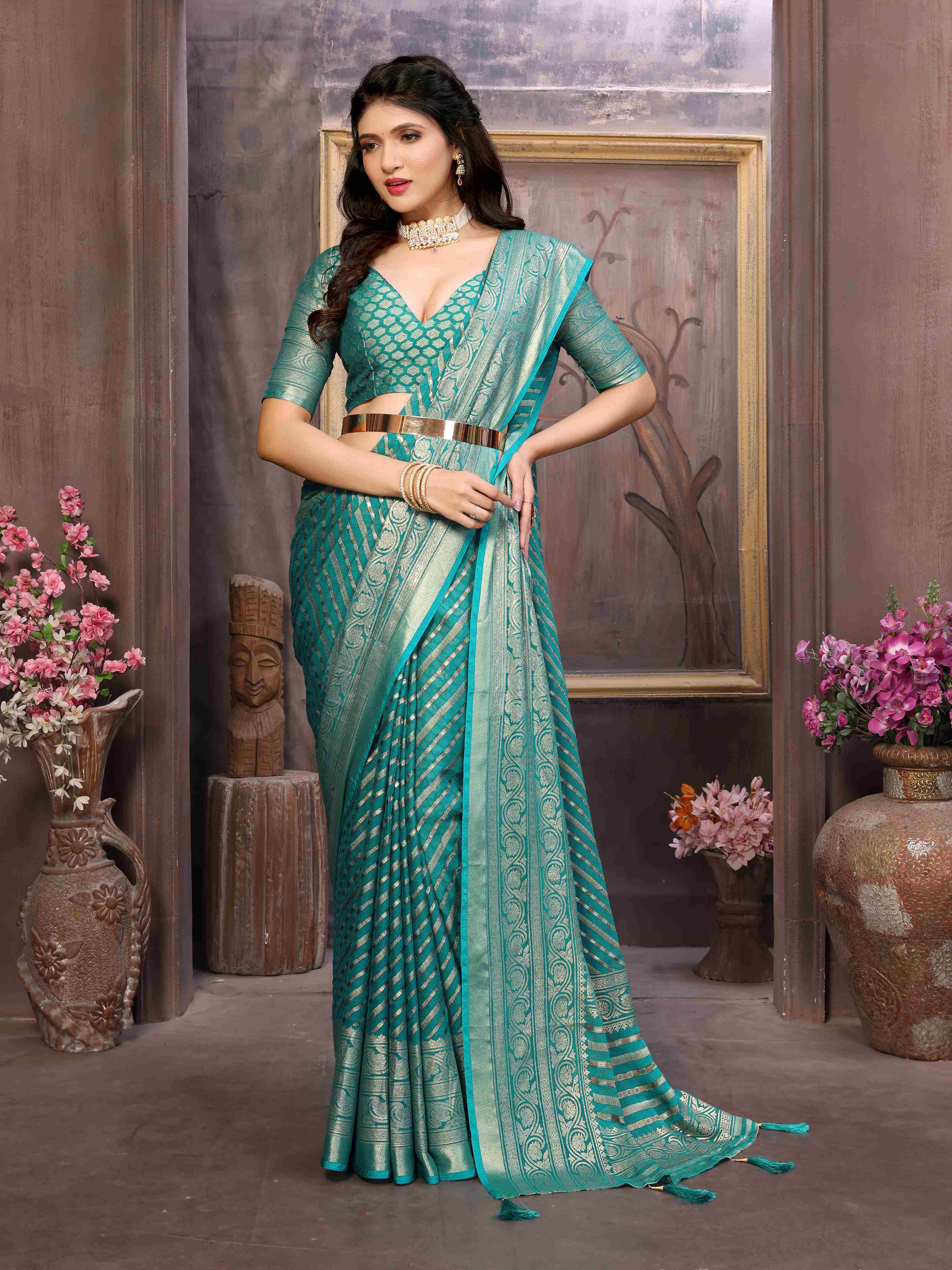 Sea Green Moss Brasso Casual Saree