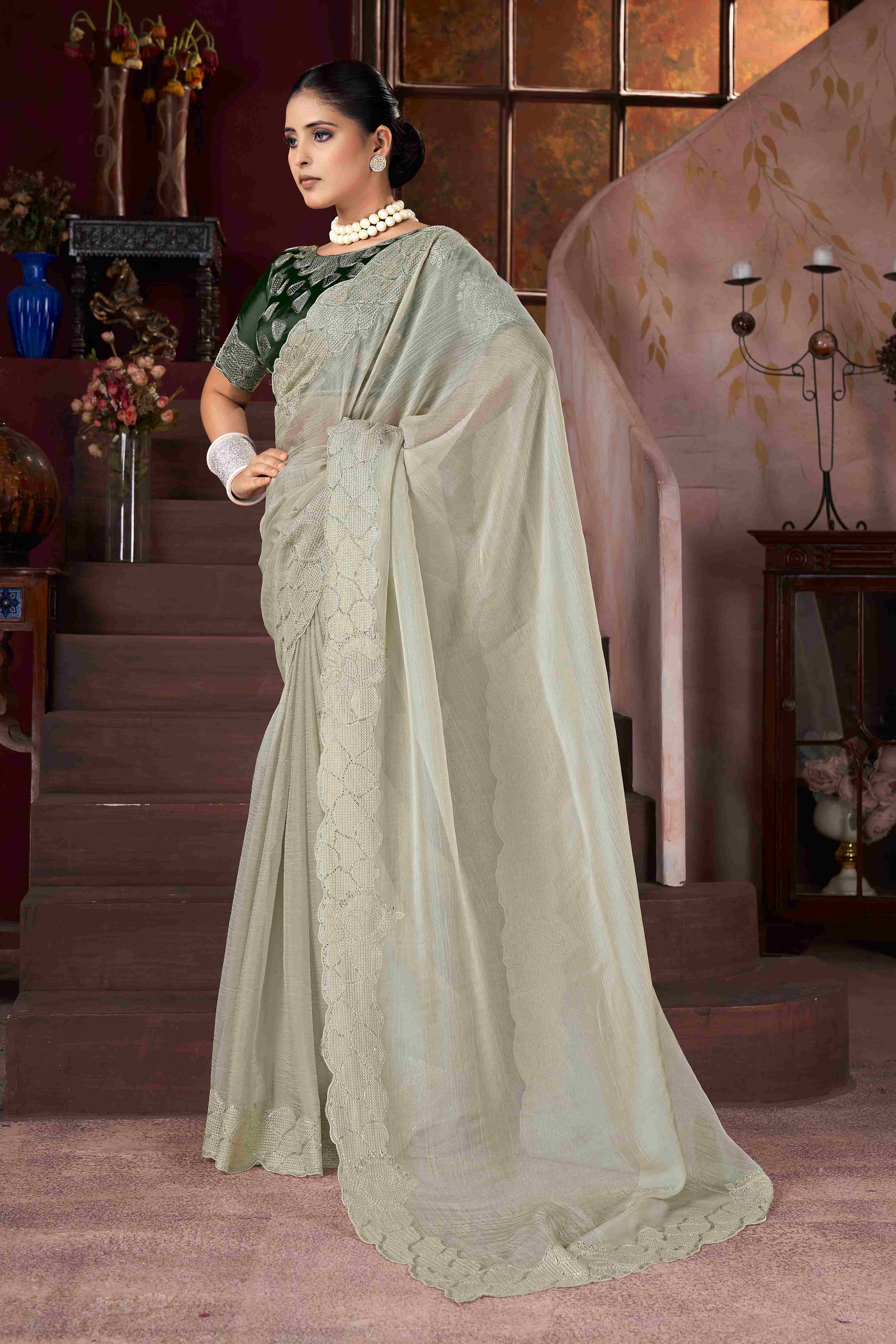 Light Grey  Embroidery Saree