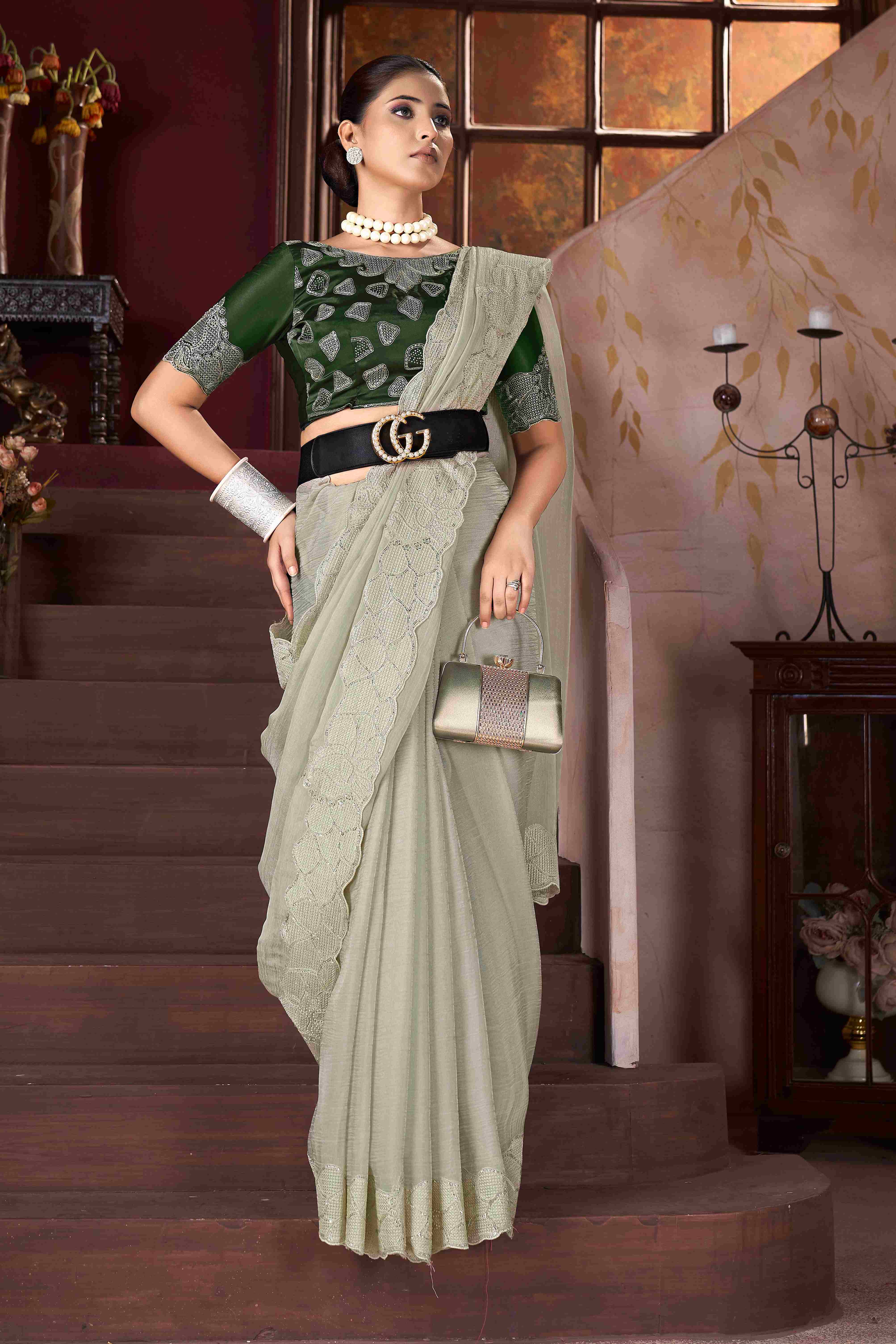 Light Grey  Embroidery Saree