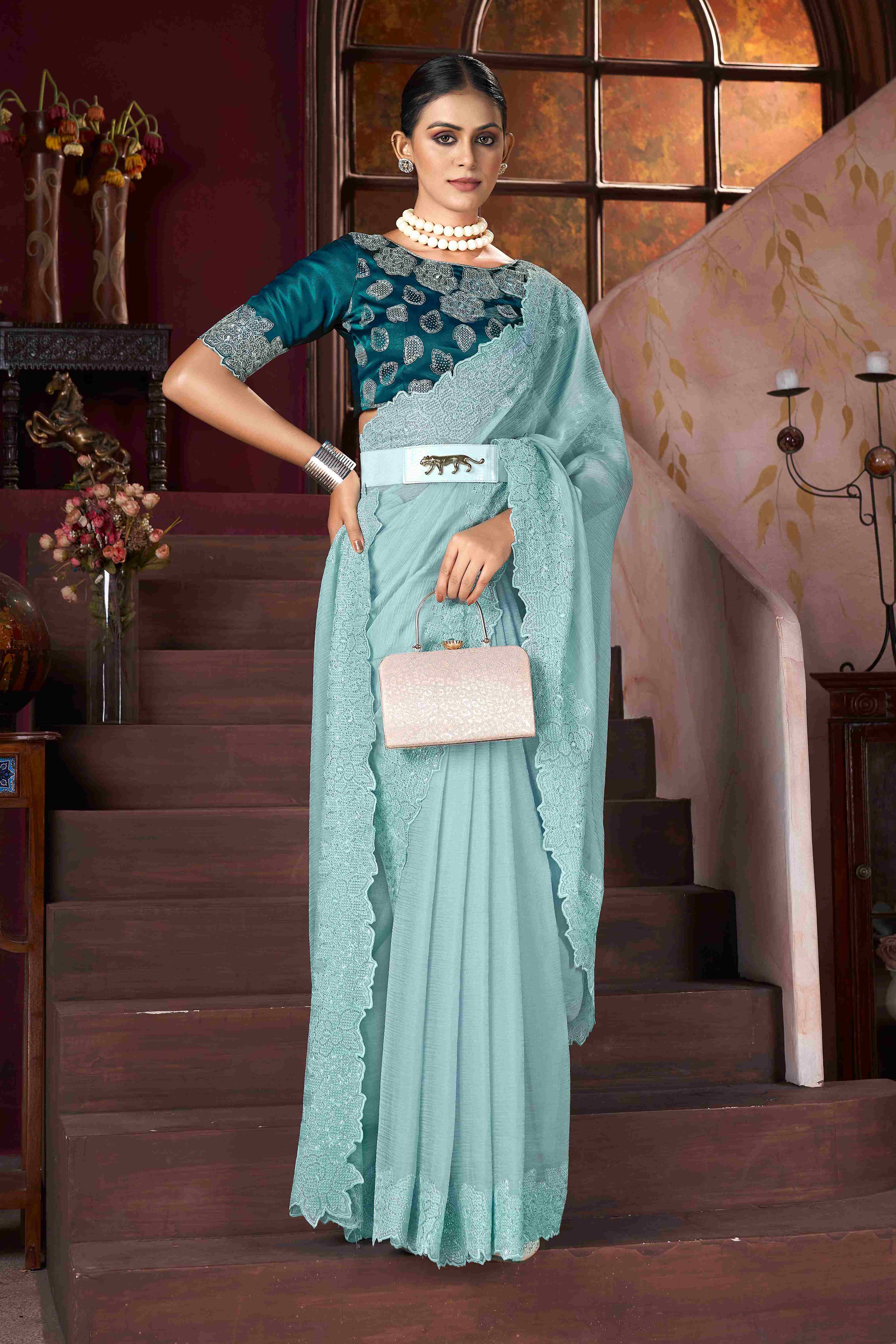 Light Blue  Embroidery Saree