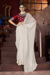 Off White  Embroidery Saree