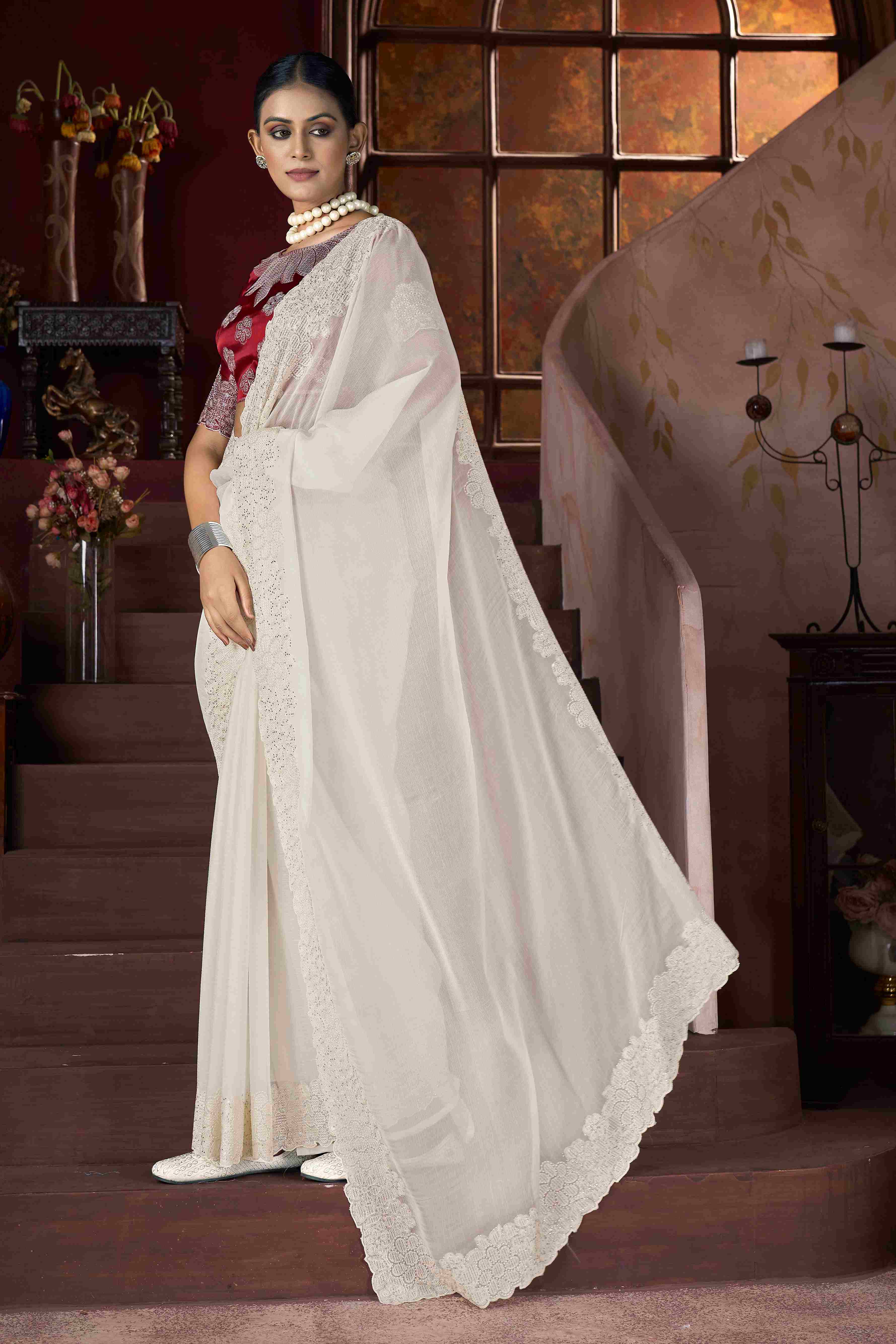 Off White  Embroidery Saree