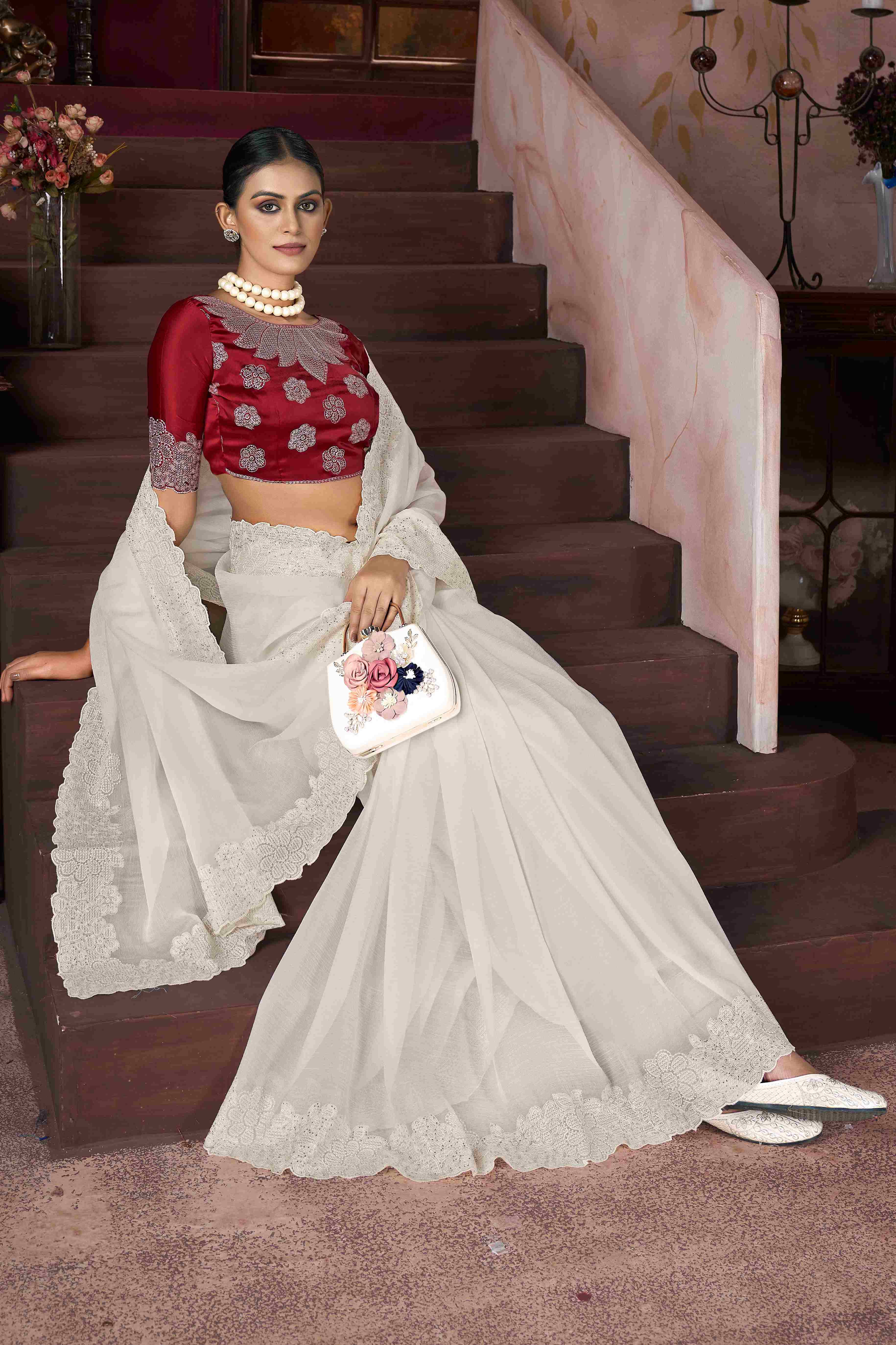 Off White  Embroidery Saree