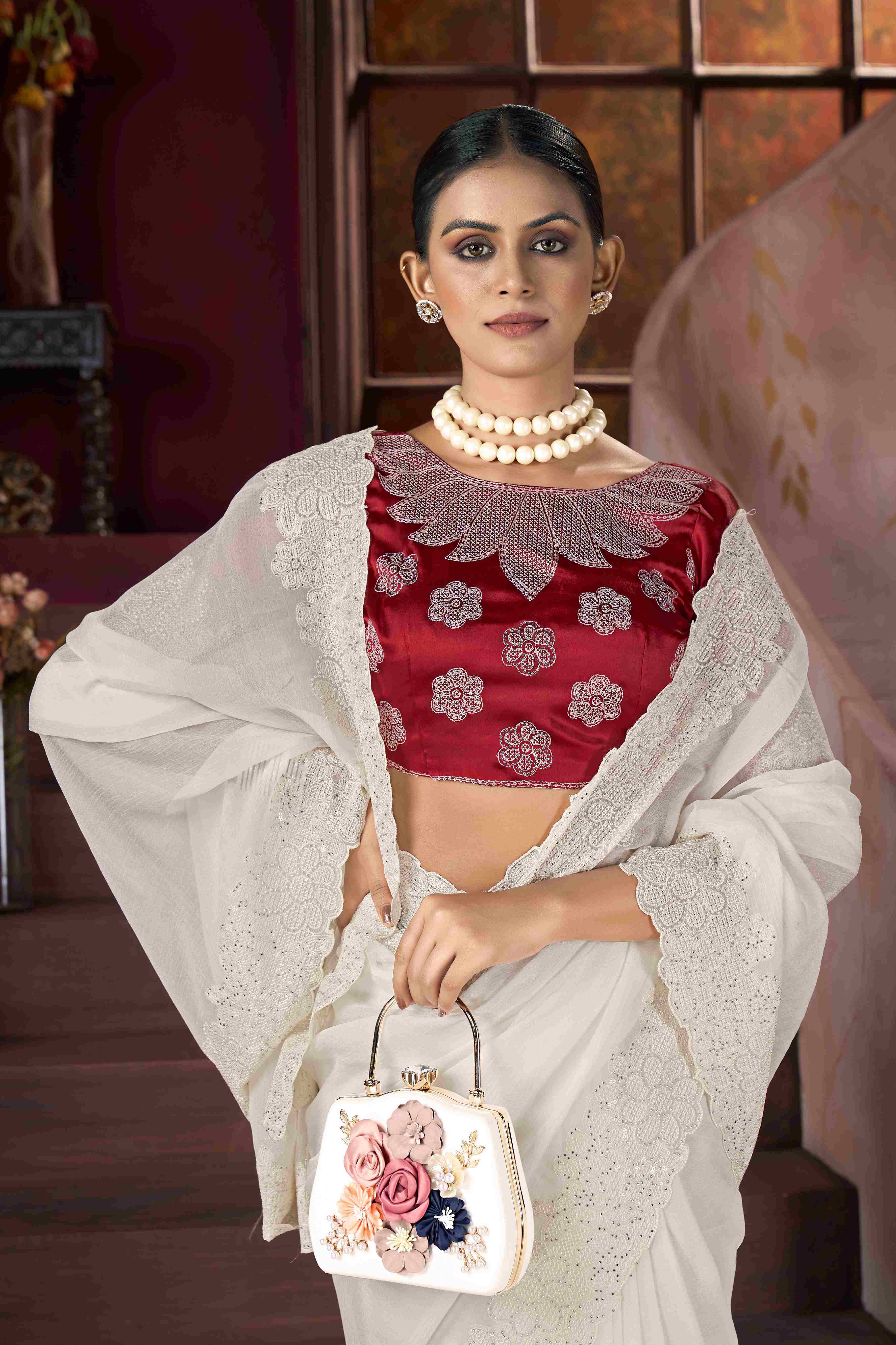 Off White  Embroidery Saree