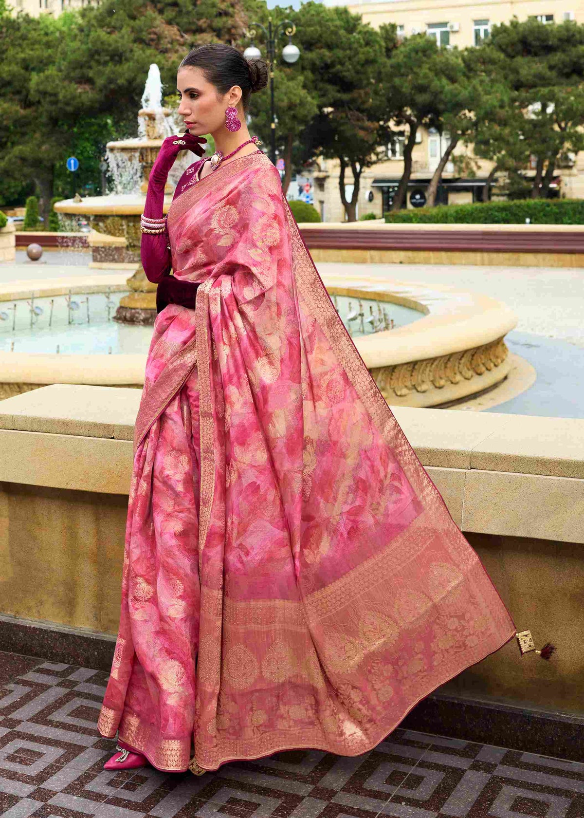 Pink Jacquard Woven Party Wear Saree