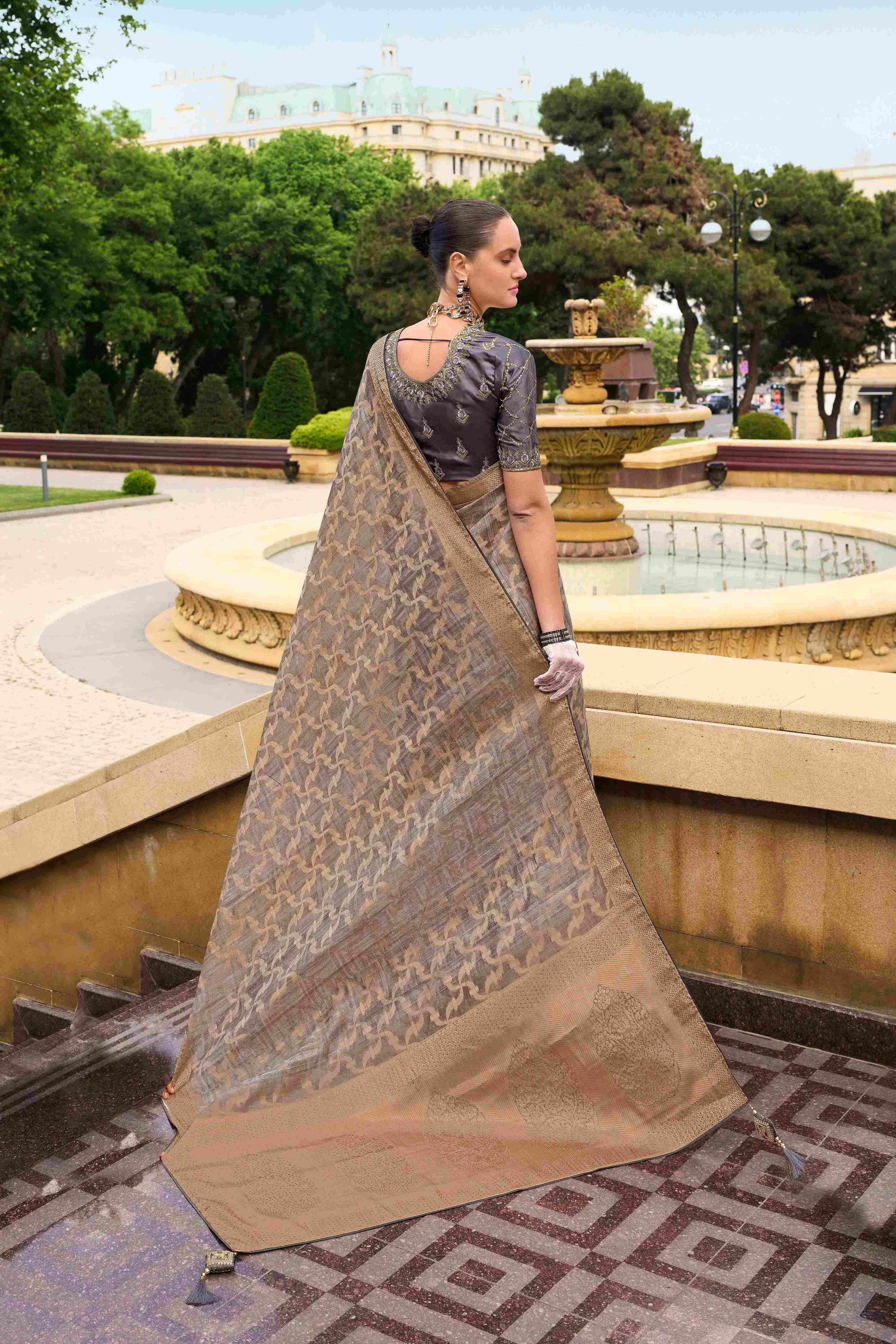 Grey Jacquard Woven Party Wear Saree