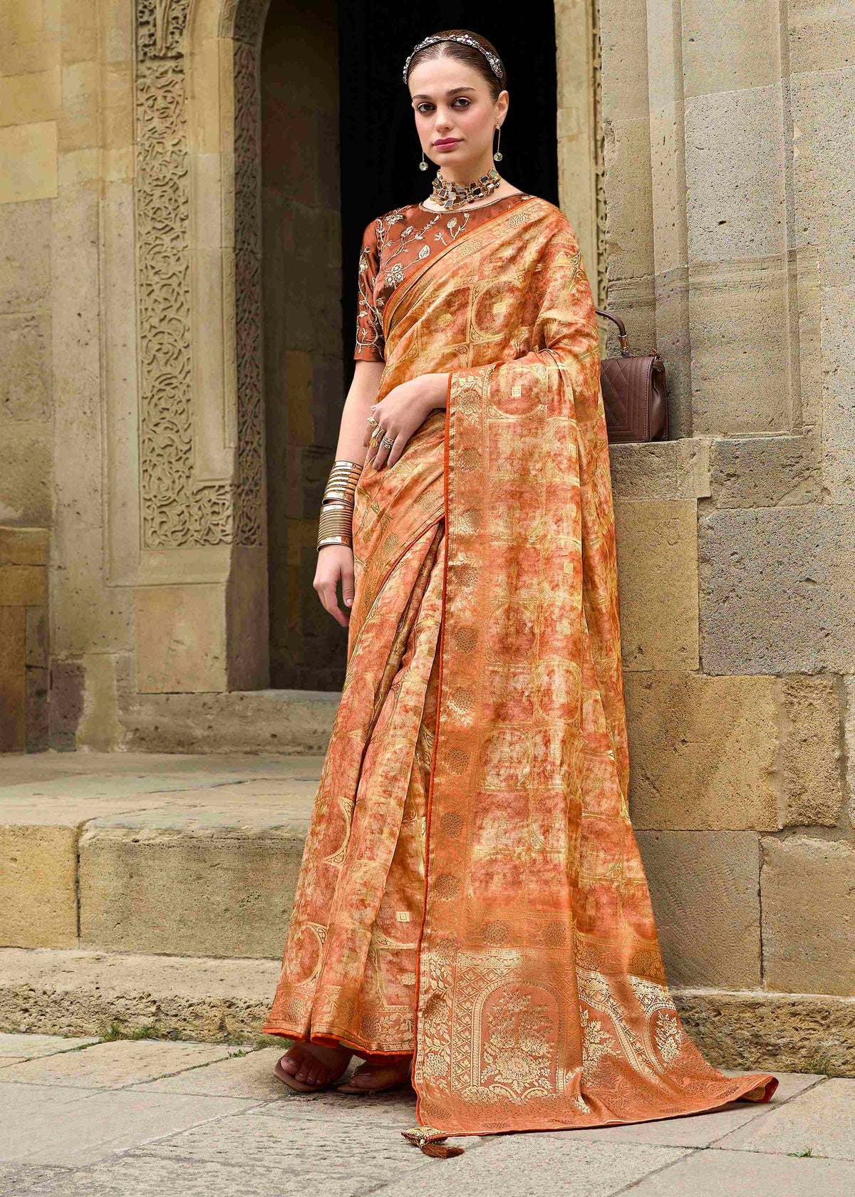 Orange Jacquard Woven Party Wear Saree