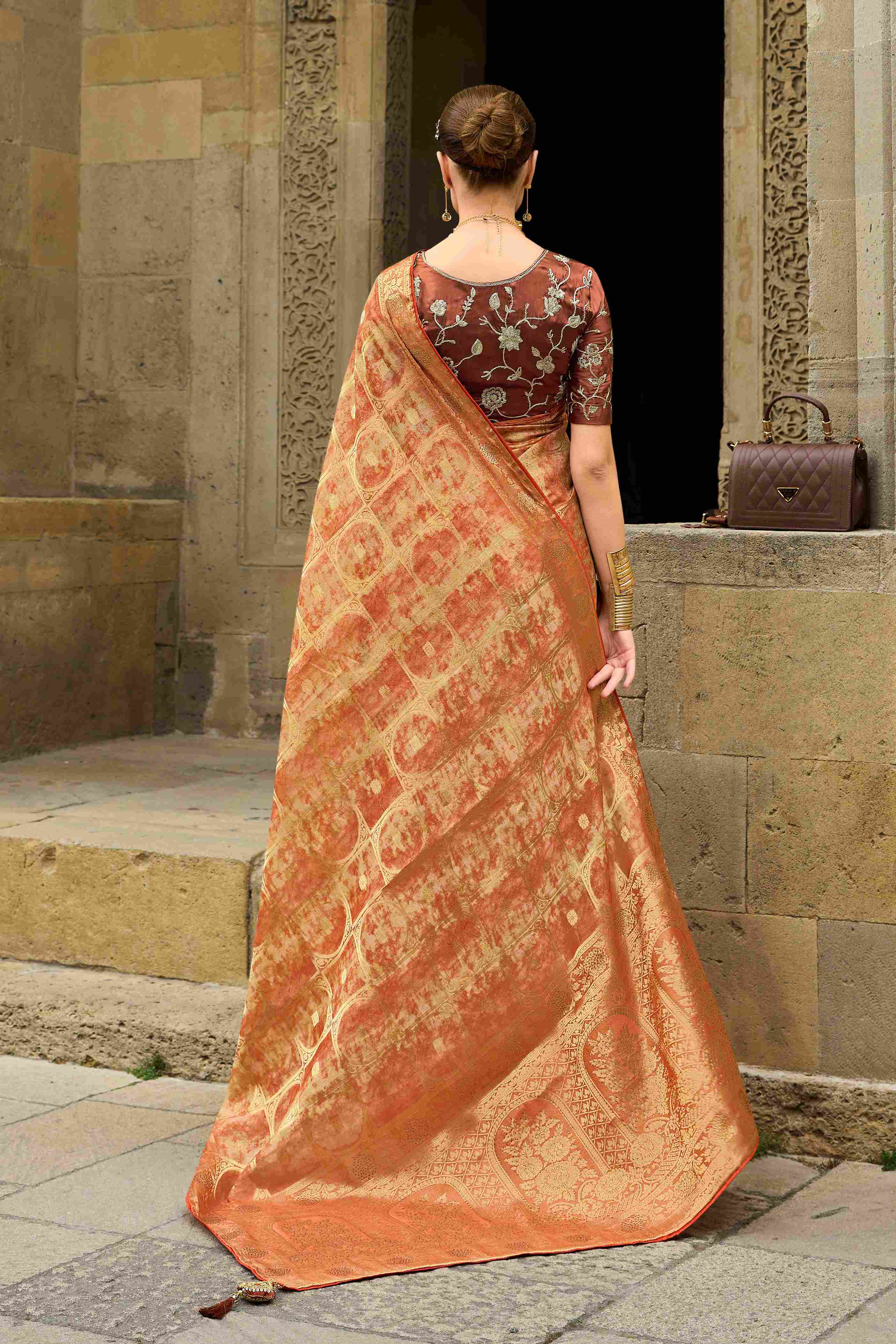 Orange Jacquard Woven Party Wear Saree