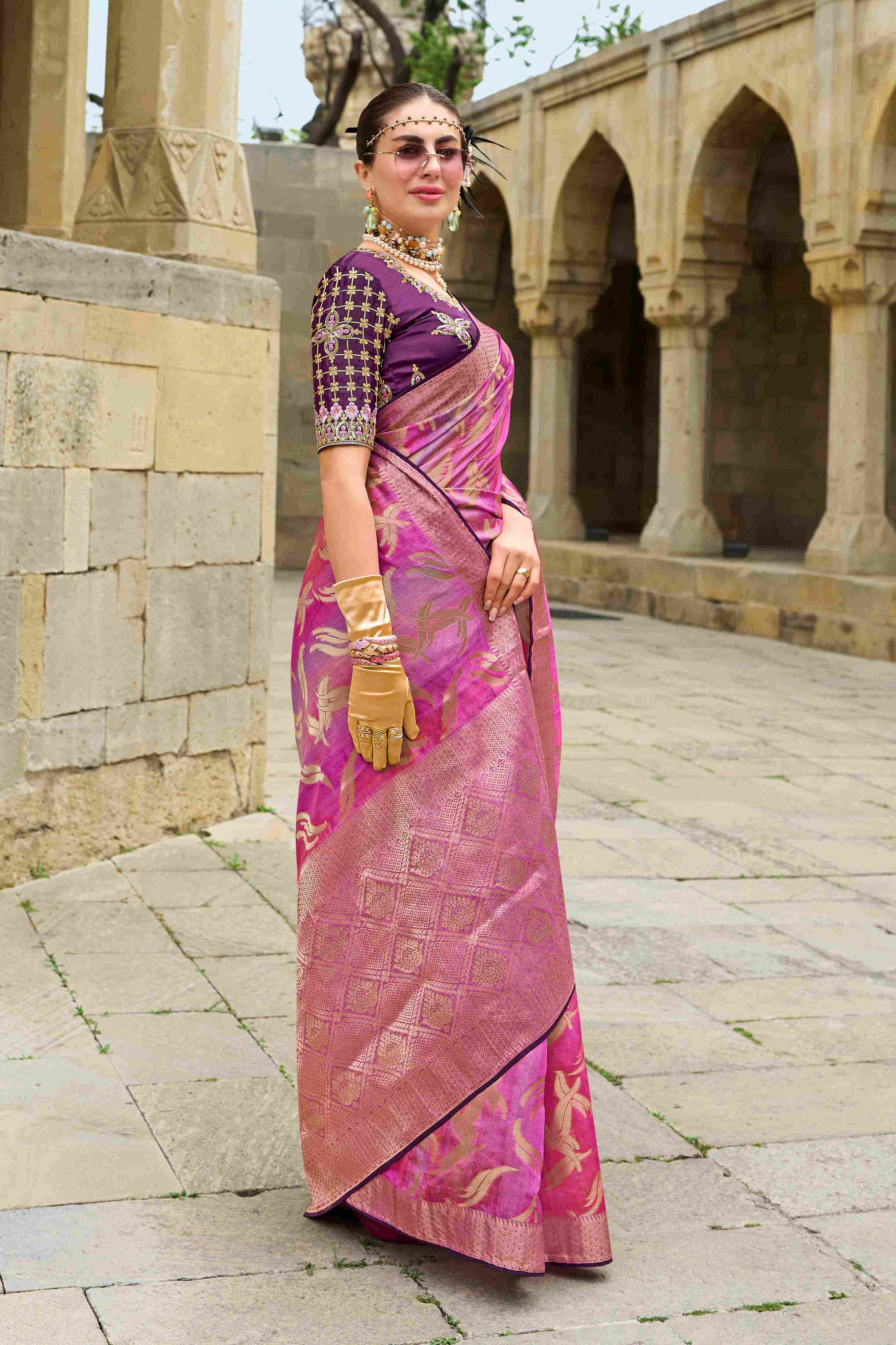 Pink Jacquard Woven Party Wear Saree