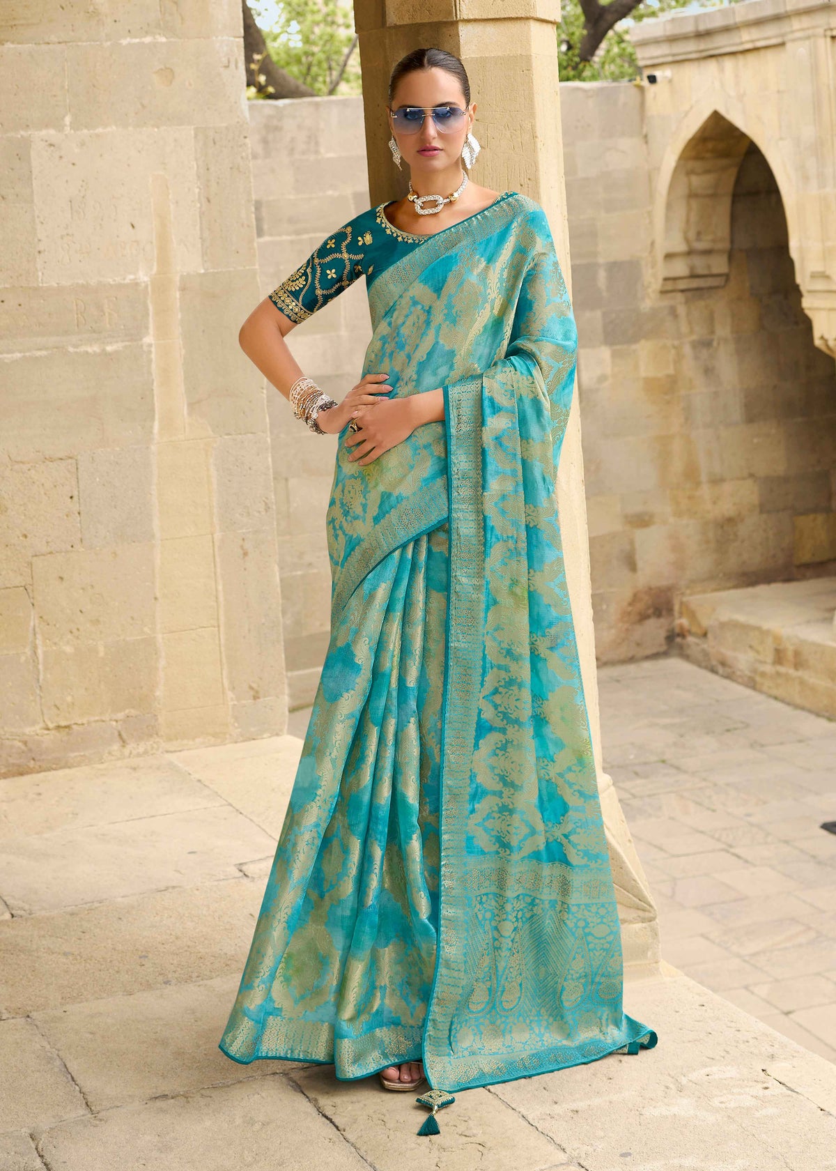 Sea Green Jacquard Woven Saree